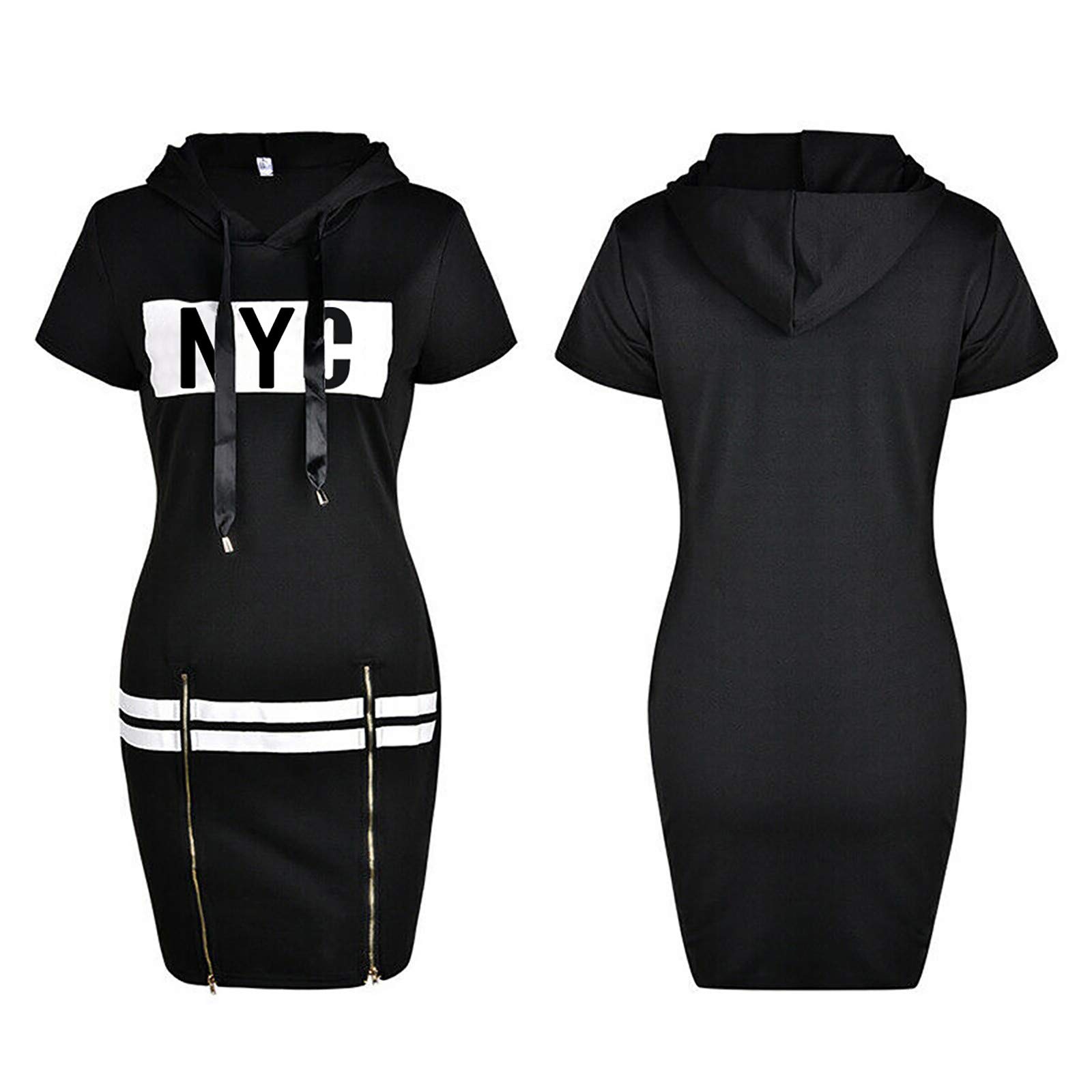 JUEBO Women's NYC Print Hooded Mini Dress - Slim Fit Zipper Pullover with Short Sleeves | Summer Midi Dress for Casual Outings, Streetwear Fashion & Night Out