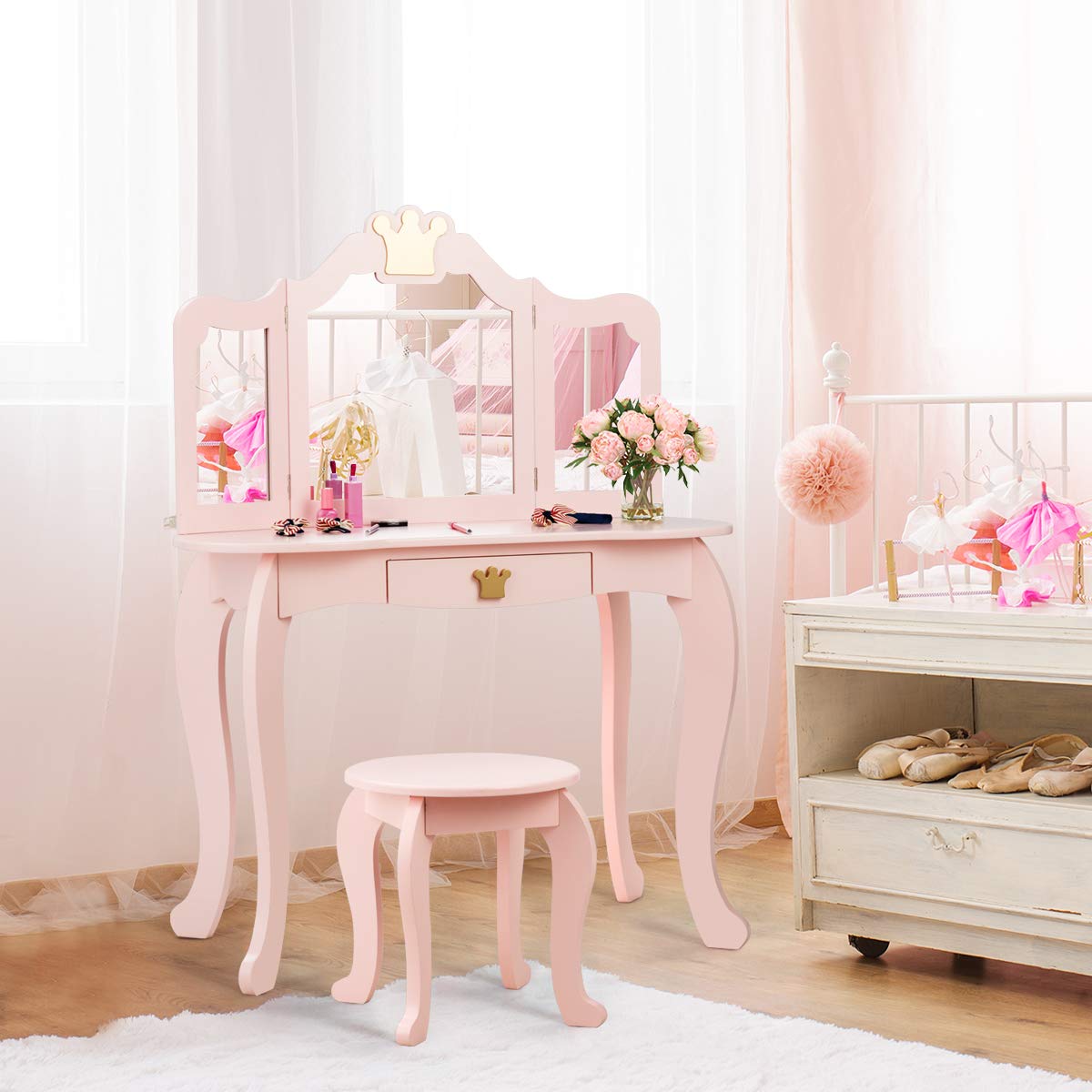 Princess Makeup Vanity Set with Mirror & Chair for Girls - Pretend Play Beauty Dressing Table (Pink) - Perfect for Bedroom Playroom