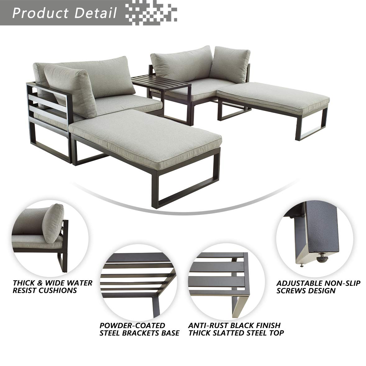 5-Piece Outdoor Patio Sectional Furniture Set with Cushions - Metal Corner Sofa, Coffee Table & Ottomans for Backyard, Garden or Poolside (Grey)