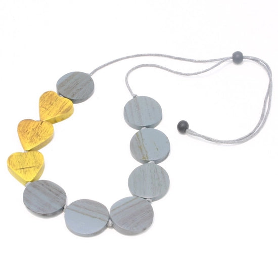 Grey and Yellow Wooden Heart & Disc Necklace - Handmade Boho Jewelry for Women - Perfect for Valentine's Day, Anniversary, or Everyday Wear