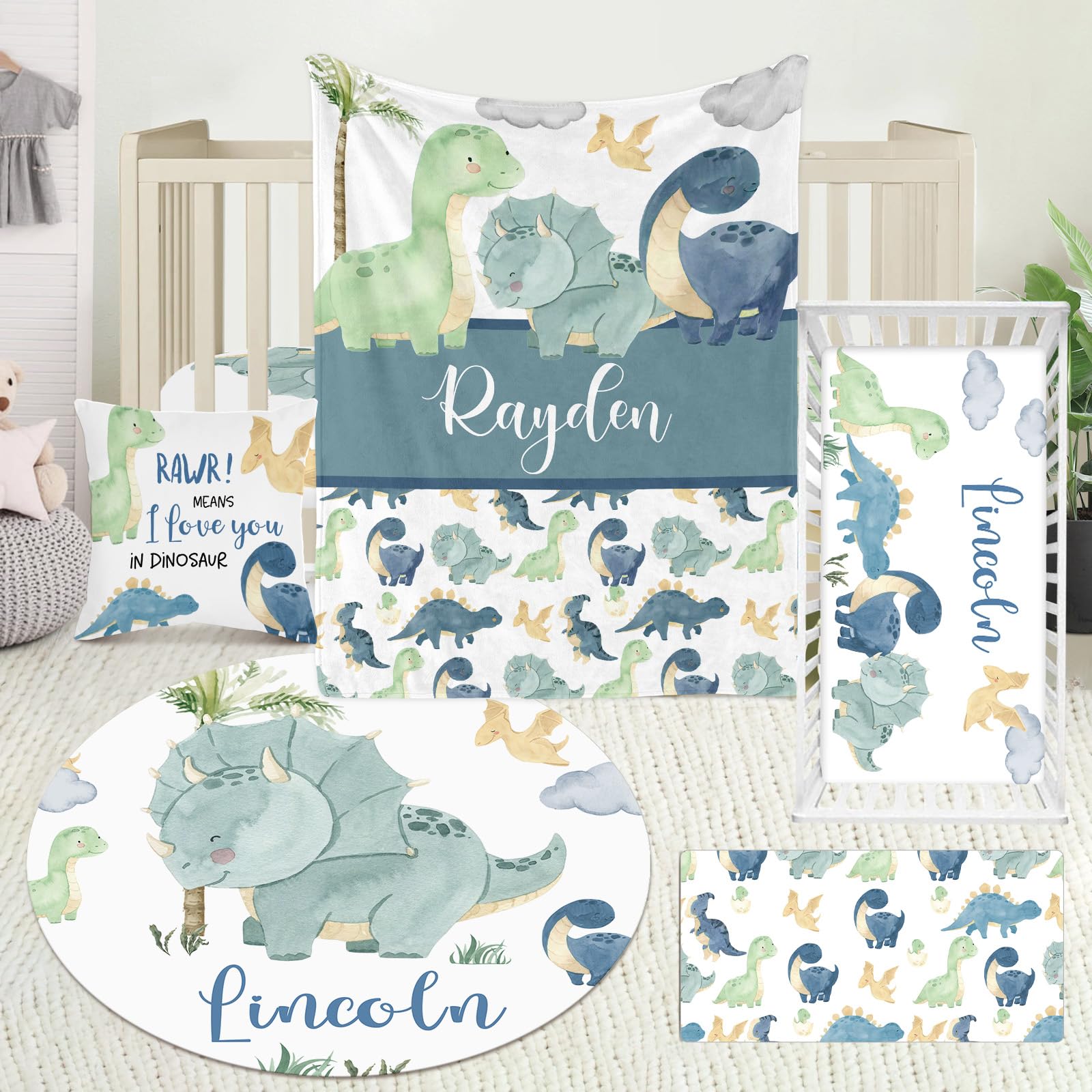 **Personalized Dinosaur Crib Bedding Set for Baby Boys & Girls - 5-Piece Nursery Set with Custom Name, Soft Crib Sheets, Blanket & Pillowcase - Perfect Baby Shower Gift & New Parents Gift for Dinosaur-Themed Nursery**    *(Ideal for dinosaur-themed nurseries, baby showers, or as a cozy and stylish gift for new parents!)*