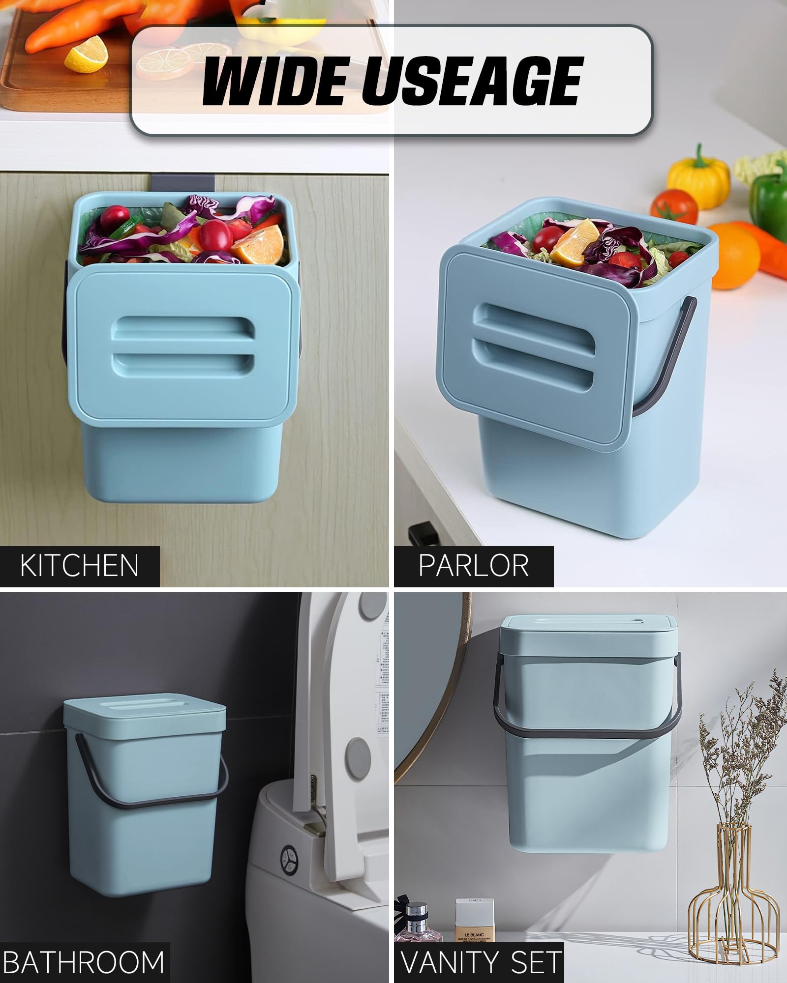 1.3 Gallon Small Trash Can with Lid - Compact Kitchen Waste Bin for Countertop, Under Sink or Cabinet Door | 5L Mini Garbage Can for Office Desk, Bathroom & Small Spaces | Subtle Blue | Perfect for Food Scraps, Recycling & Daily Use