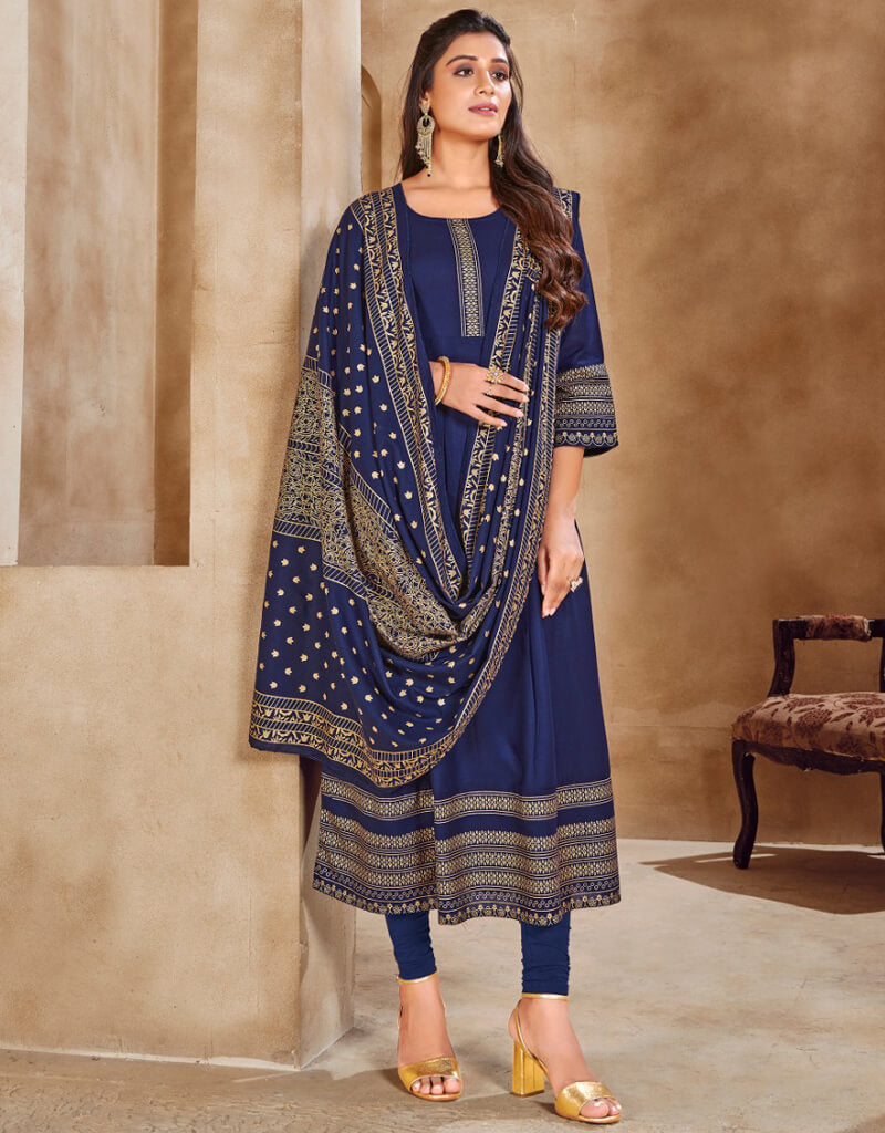 Blue Heavy 14 Kg Rayon Anarkali Gown - Elegant Indian Party Dress for Weddings & Festive Occasions