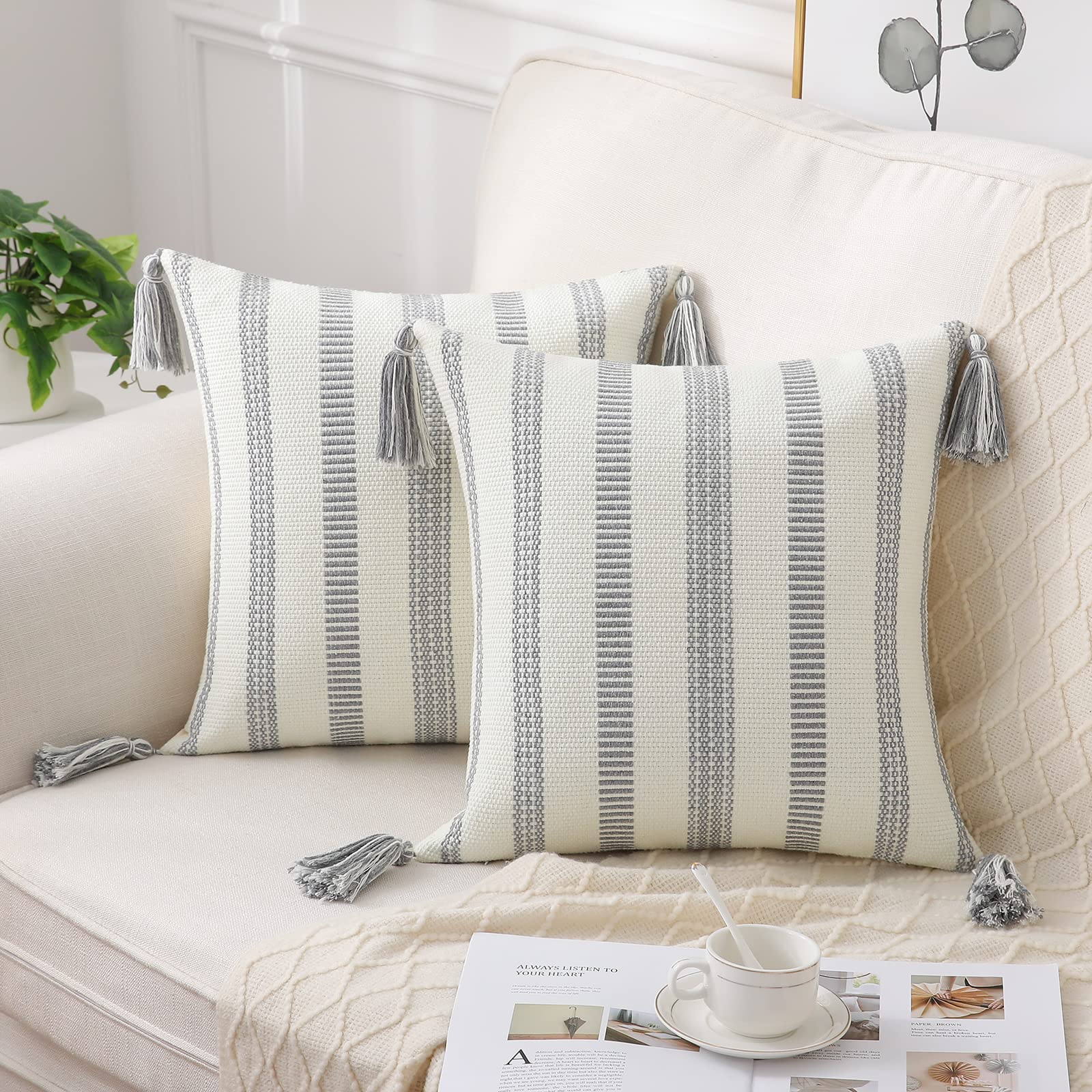 Smile Bee Spring Boho Outdoor Throw Pillow Covers Set of 2 - Decorative Woven Striped Cushion Covers with Tassels for Couch, Bed & Sofa (20x20 Inch, Grey & Cream White) - Perfect for Living Room, Patio & Boho Home Decor