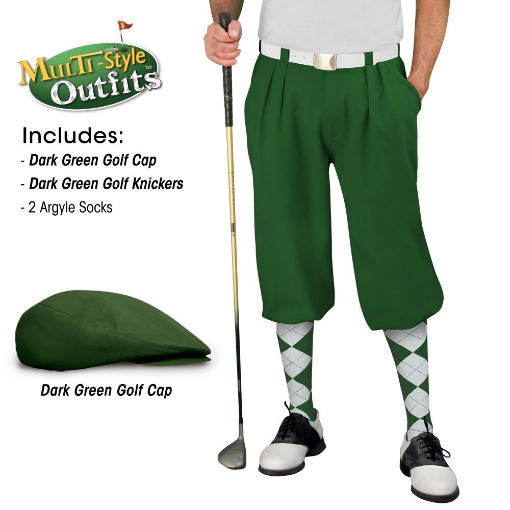 Men's Dark Green Golf Outfit Set - Matching Knickers, Cap & 2 Over-The-Calf Socks | Stylish Golf Attire for Men | Perfect for Golf Tournaments & Casual Play