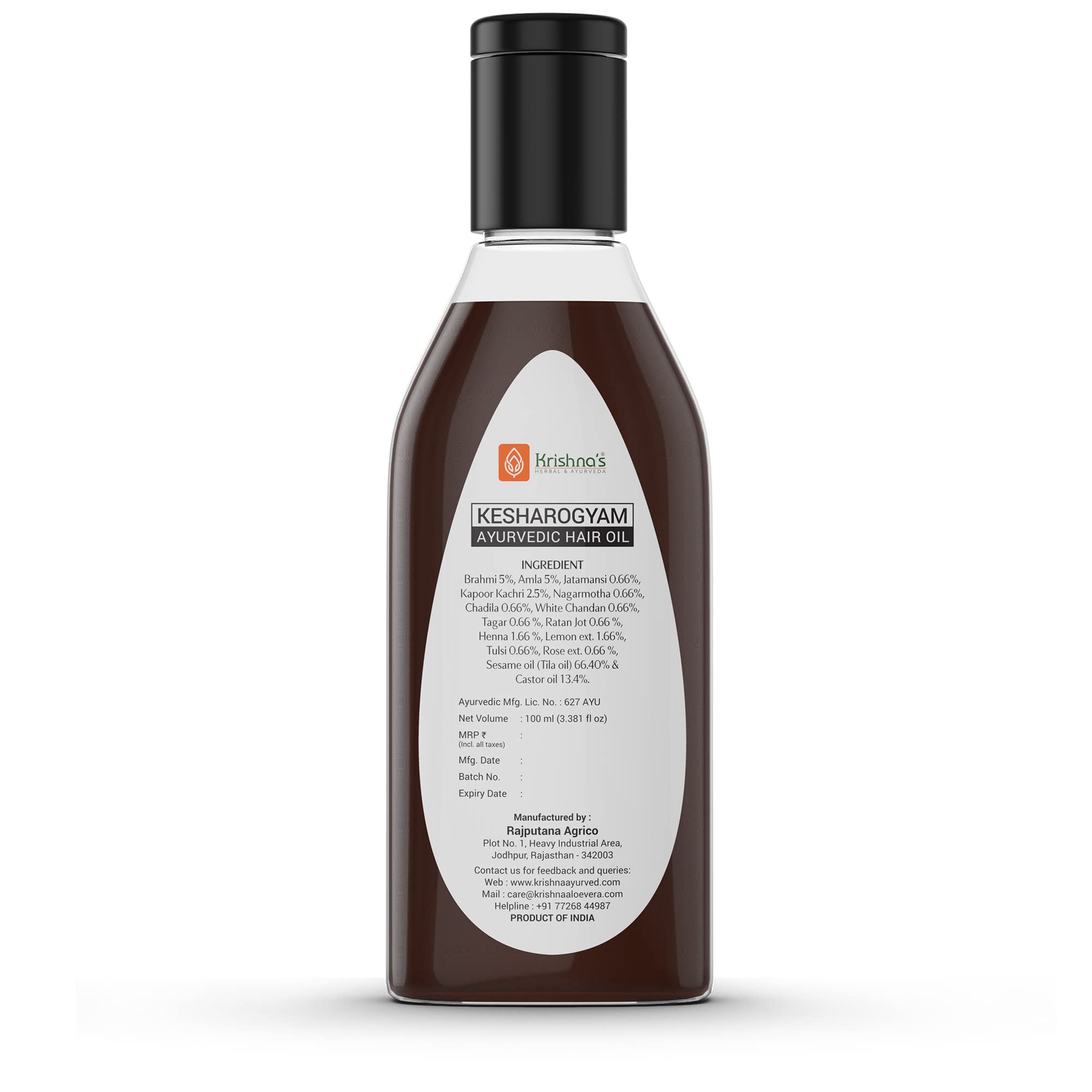 Krishna's Kesharogyam Ayurvedic Hair Oil - 100ml Natural Hair Growth Treatment with 15 Herbs (Amla, Jatamasi) | Paraben-Free for Strong, Healthy Hair | Perfect for Daily Scalp Massage & Hair Care Routine