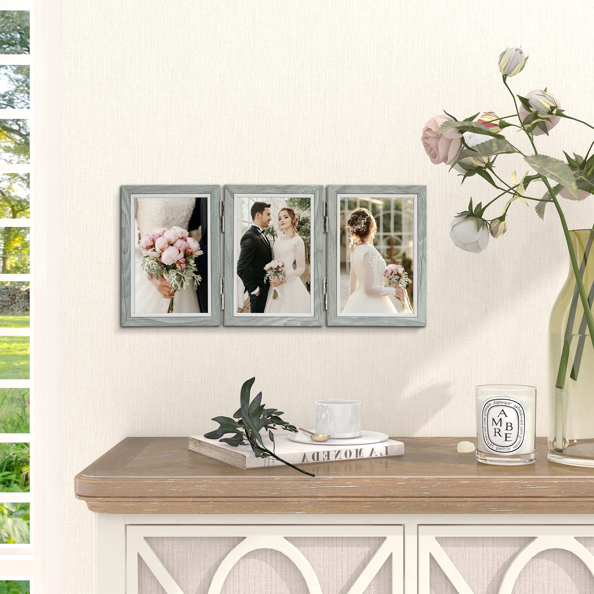 4x6 Picture Frame Collage Set of 3 - Real Glass Grey Wood Foldable Photo Frames for Wall & Tabletop Display - Perfect Gift for Family & Friends - Home Decor, Office, Living Room, Bedroom Display