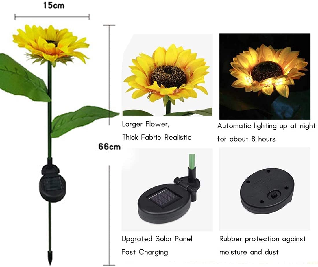 Waterproof Solar Garden Lights Outdoor - 2 Pack Sunflower Solar Powered LED Lights for Yard, Lawn, Porch, Pathway, Backyard Decoration - Weatherproof Solar Flower Lights for Patio, Garden, Walkway, Terrace