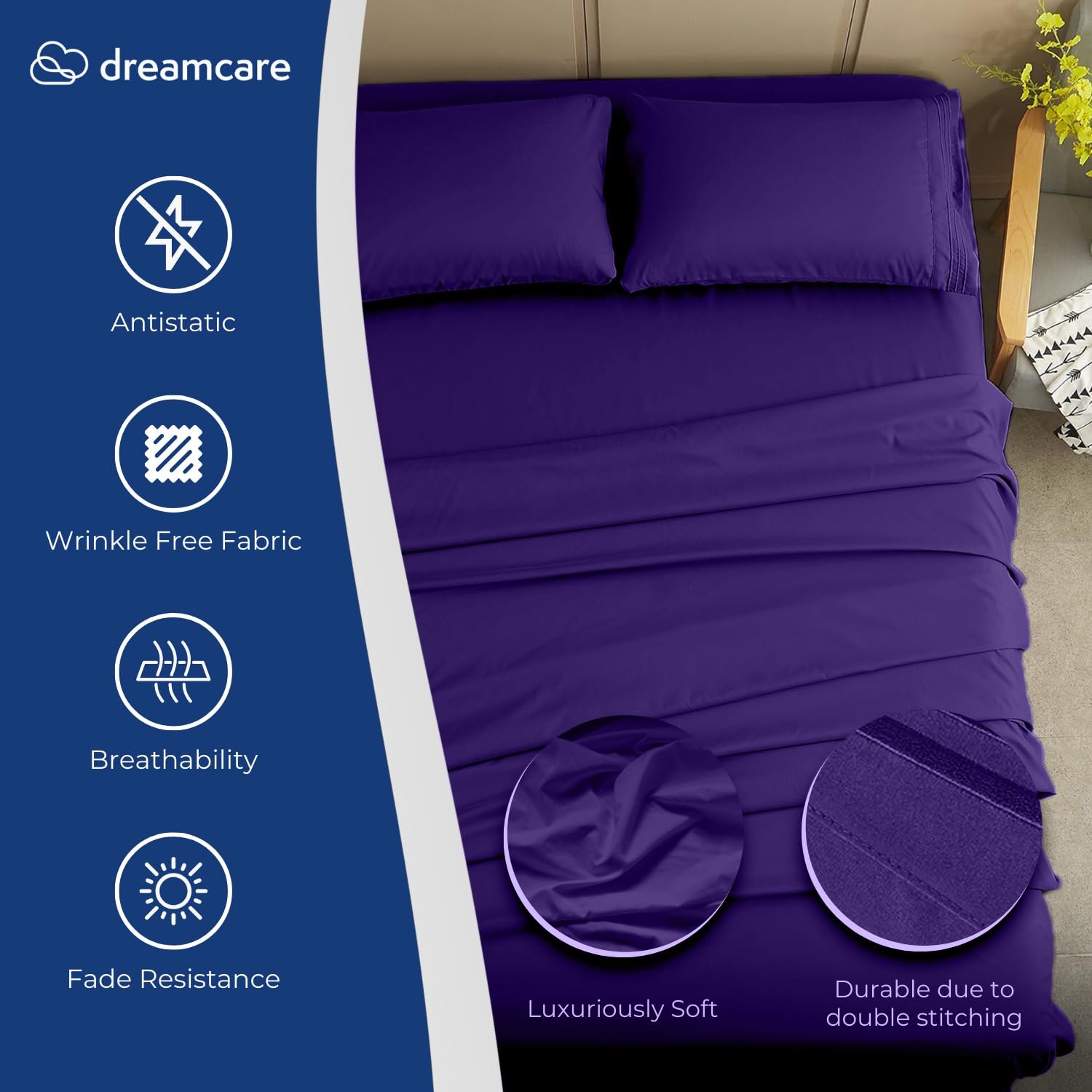 DREAMCARE Queen Size Cooling Bed Sheets Set - 4pc Deep Pocket Sheets up to 15