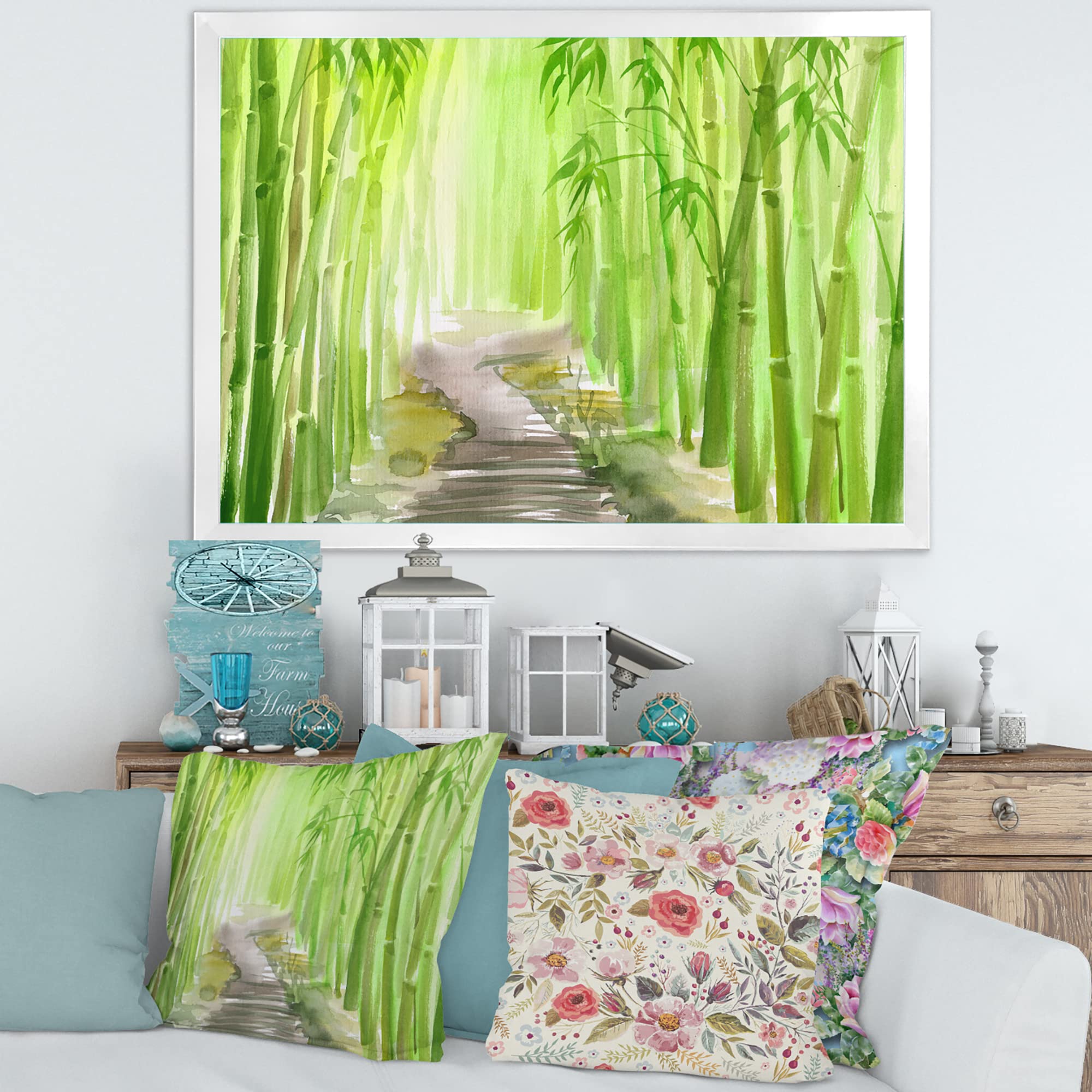 DesignQ Green Bamboo Forest Traditional Framed Wall Art - Asian Inspired Home Decor for Living Room, Bedroom & Office