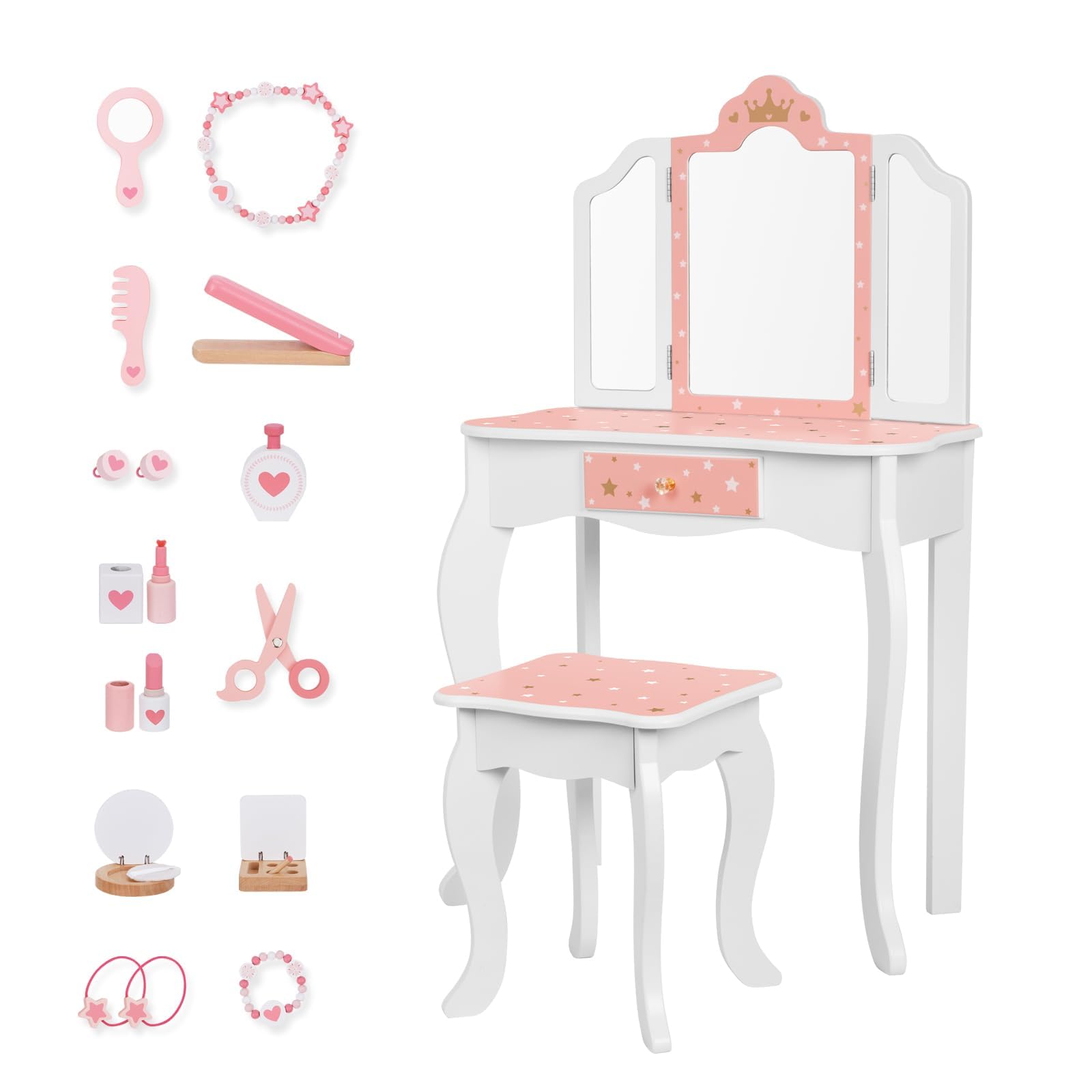 Kids Vanity Set for Girls - Premium Toddler Makeup Table with Tri-Fold Mirror, Stool & Storage Drawer - Perfect for Pretend Play, Birthday Gifts & Bedroom Decor