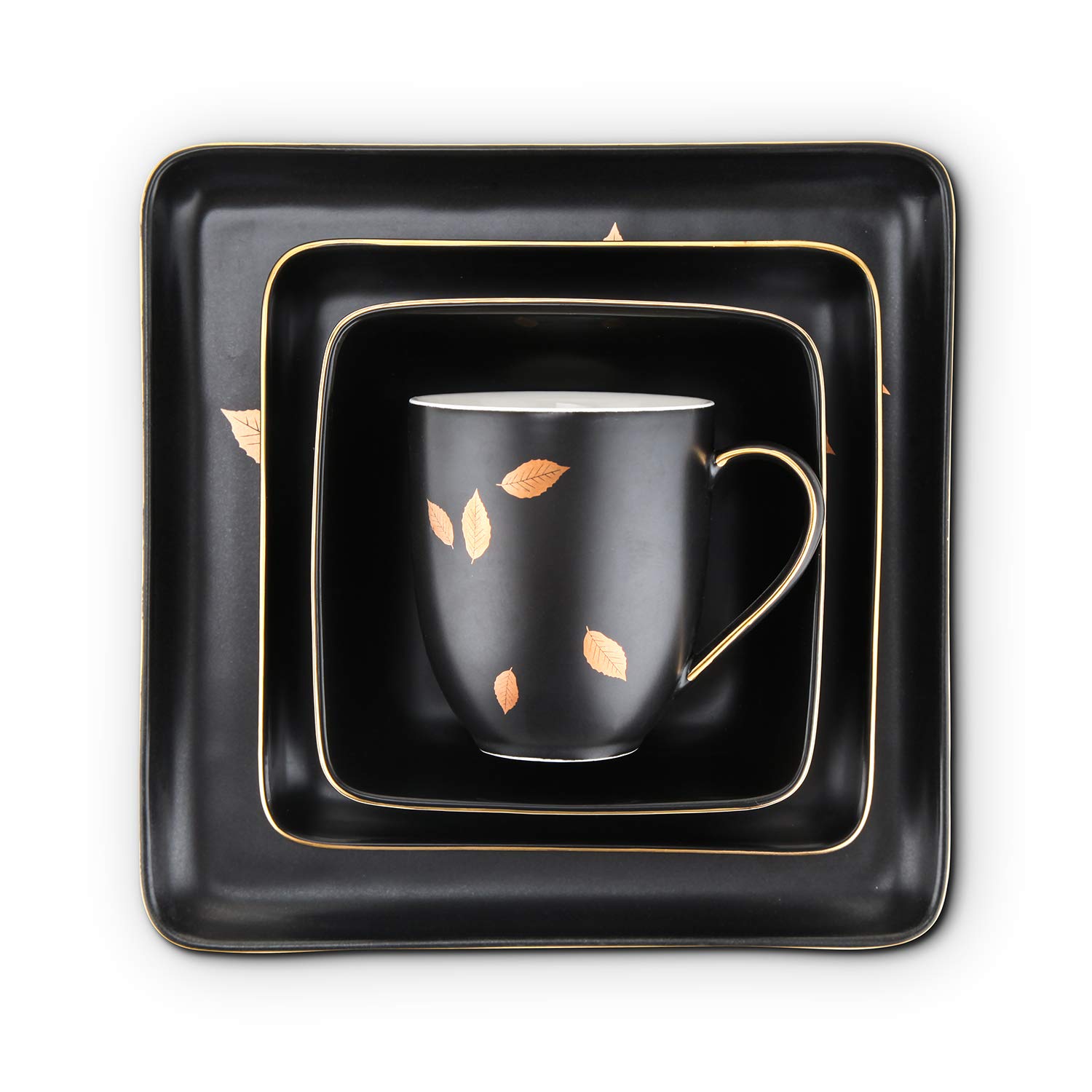Premium Black & Gold Leaf Porcelain Dinnerware Set - 16-Piece Square Plates & Bowls for 4 People - Elegant Stone Lain Tableware for Fine Dining, Dinner Parties & Home Decor