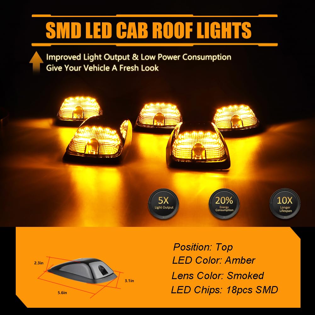 Smoked Amber LED Cab Roof Marker Lights for 1988-2002 Chevy/GMC C/K 1500-5500 Pickup Trucks - 5-Piece Clearance Running Light Kit with Durable Lens - Perfect for Night Driving & Enhanced Truck Visibility