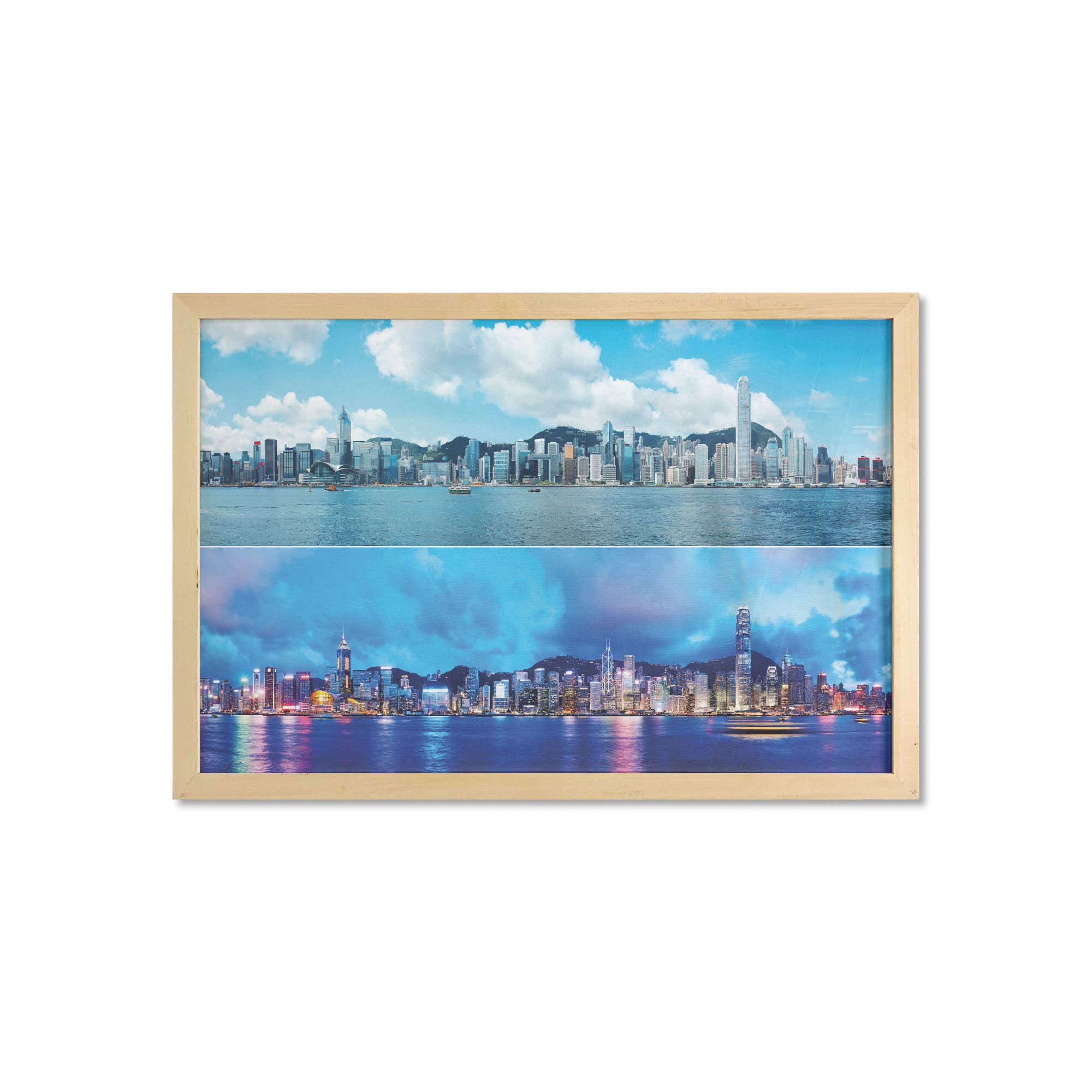 Ambesonne Framed Urban Wall Art - Hong Kong City Morning & Evening Skyline Print, 35