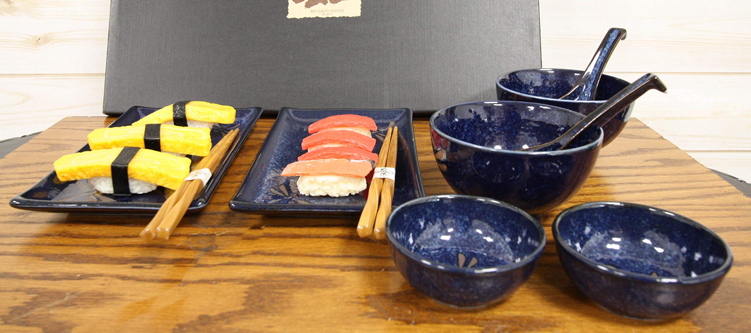 Ebros Gift Japanese Mino Ware Tombo Dragonfly Blue Porcelain 10-Piece Sushi Dinnerware Set for 2 - Includes Sushi Plates, Soup Bowls, Sauce Bowls, Bamboo Chopsticks & Asian Soup Spoons | Authentic Japanese Dining Experience, Perfect for Sushi Nights, Asian-Themed Dinners & Housewarming Gifts