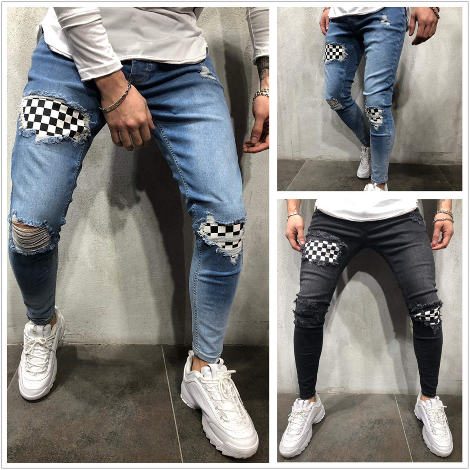 Andongnywell Men's Ripped Skinny Slim Fit Distressed Denim Jeans with Zipper - Fashion Casual Stretch Pants for Streetwear & Night Out (Black, Medium)