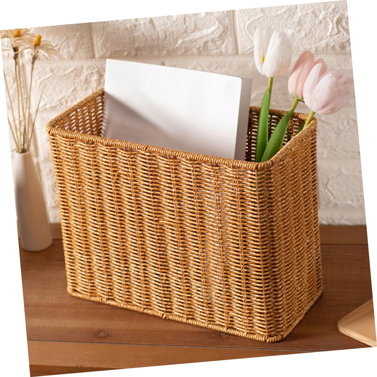 PRETYZOOM Narrow Tall Plastic Storage Bins - Rattan Style Home Organization Baskets for Bathroom, Kitchen, Bedroom & Office Supplies | Decorative & Functional Storage Solution