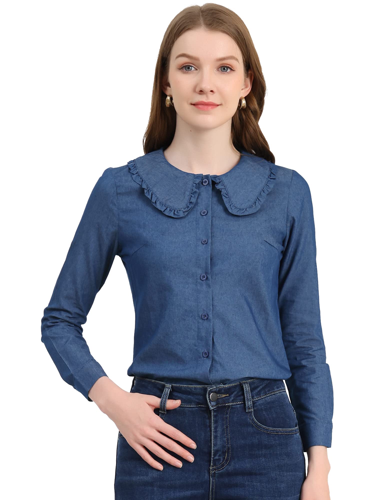 Allegra K Women's Denim Shirt with Peter Pan Collar & Ruffled Details - Casual Button Down Top for Work, Date Night & Everyday Wear