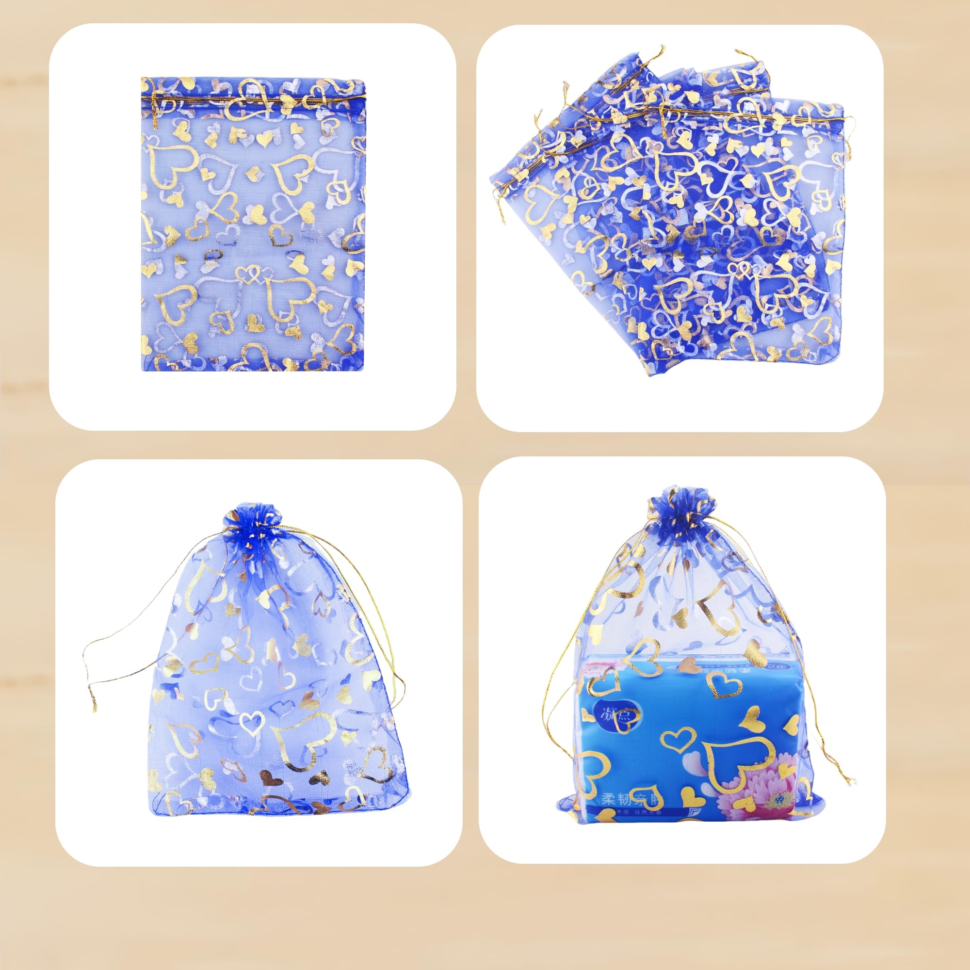 100 Pack 7x9 Inch Royal Blue Heart Drawstring Organza Bags - Jewelry Gift Pouch, Wedding Favor Bags, Candy Pouch for Party Favors, Bridal Shower, Baby Shower & Special Events