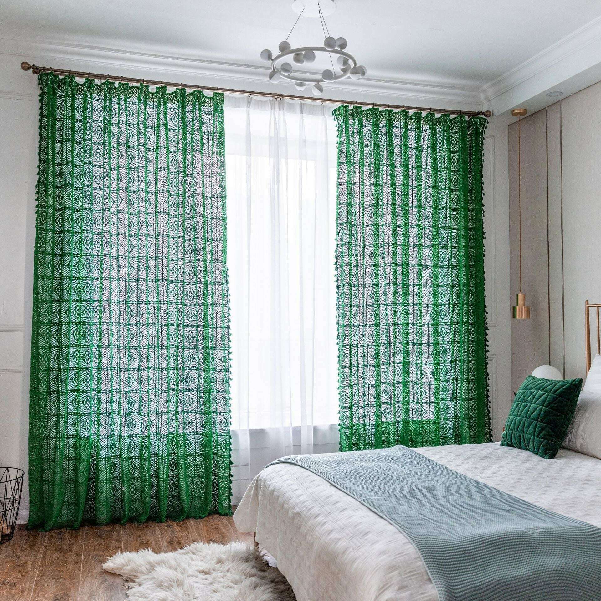 Rémy Crochet Sheer Curtains - Green & Pink Lace Window Drapes for Living Room, Bedroom & Nursery Decor