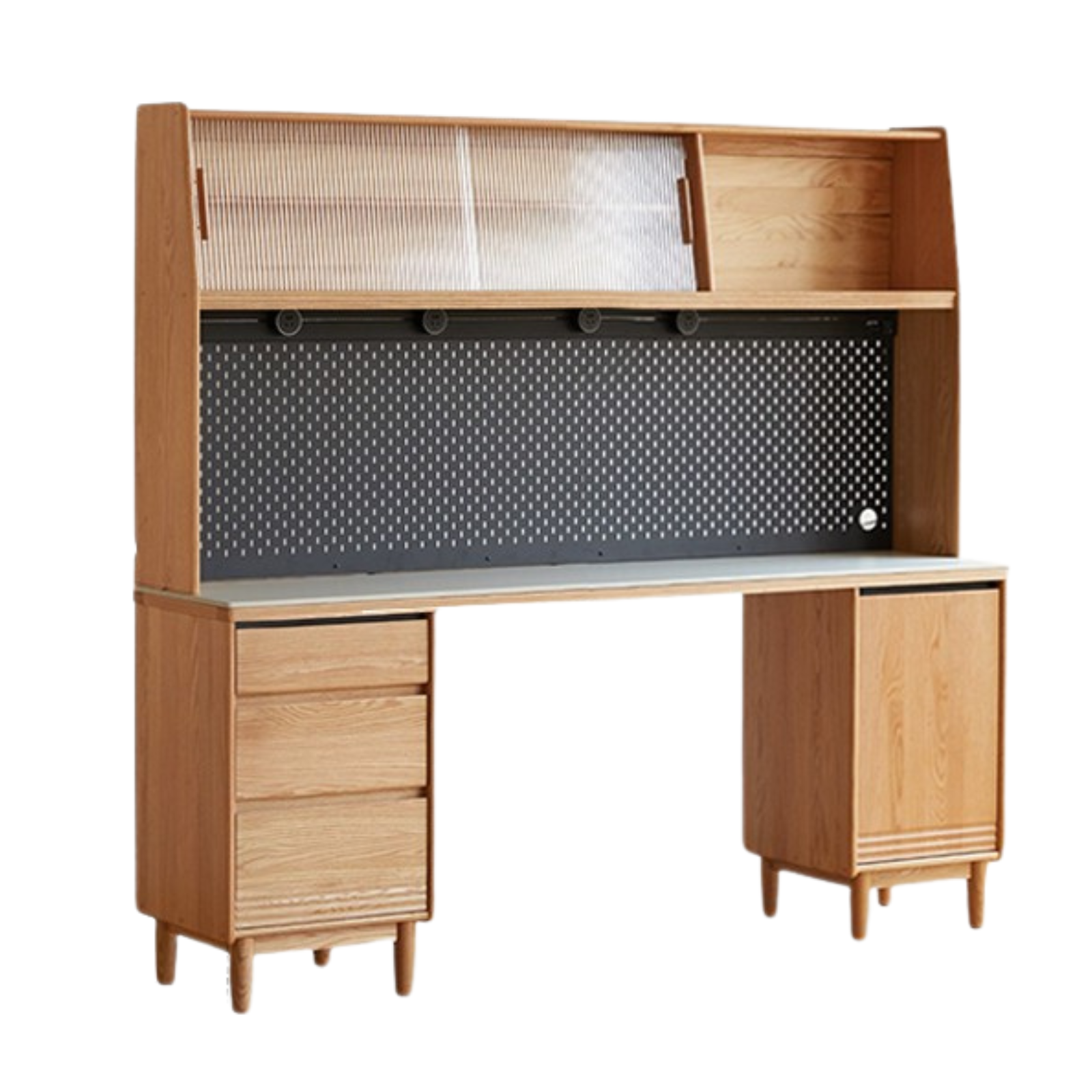 70.9x17.7x73.4 inch / 180.4x45x186.5 cm / Natural wood color / Oak white rock board sideboard + upper shelf + bull rail