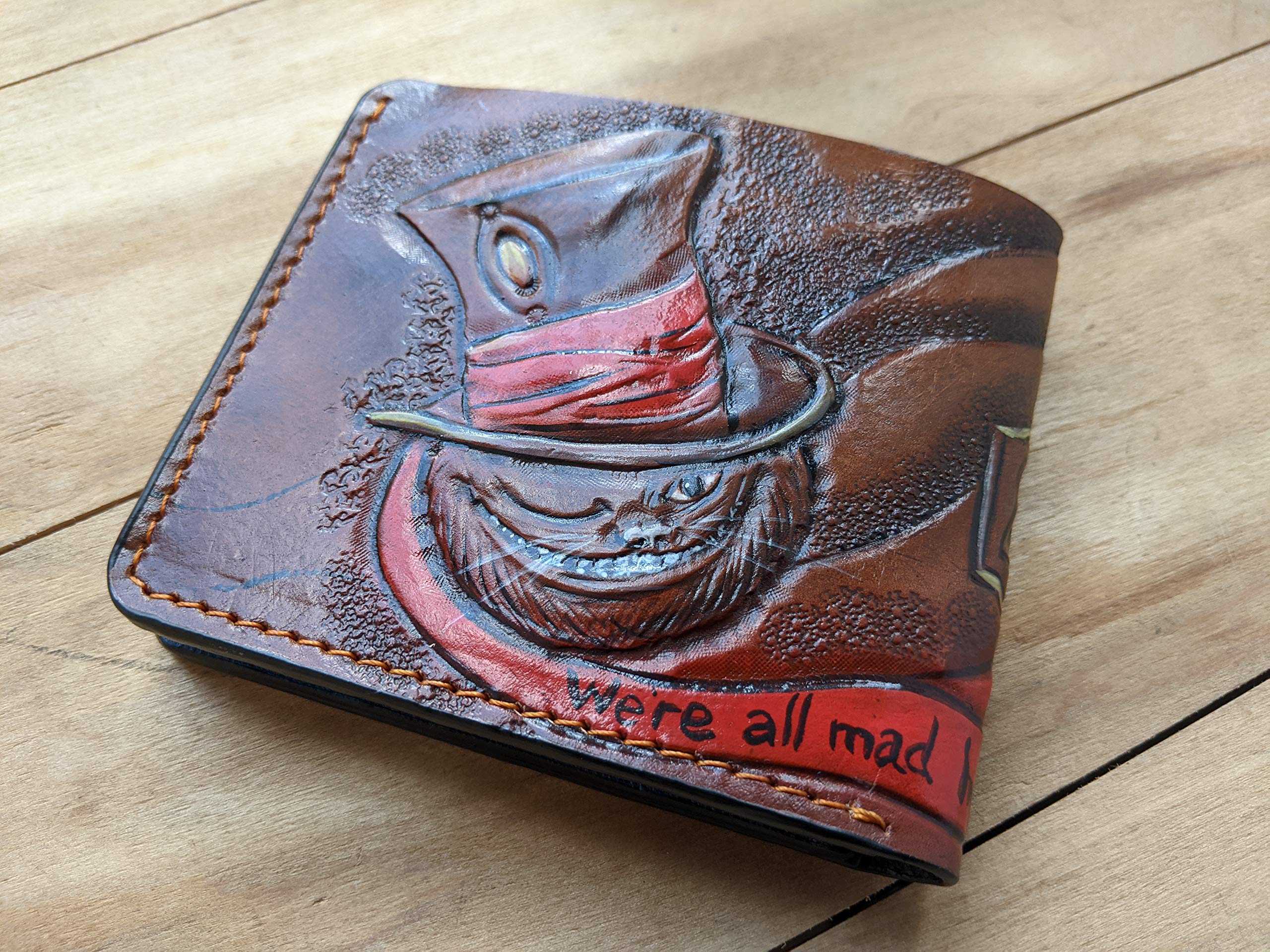 Alice in Wonderland Cheshire Cat RFID Bifold Wallet - Genuine Leather Men's Bifold Wallet with Whimsical Airbrush Art, Handmade Embossed Design - Perfect for Bikers, Gift Giving & Everyday Use