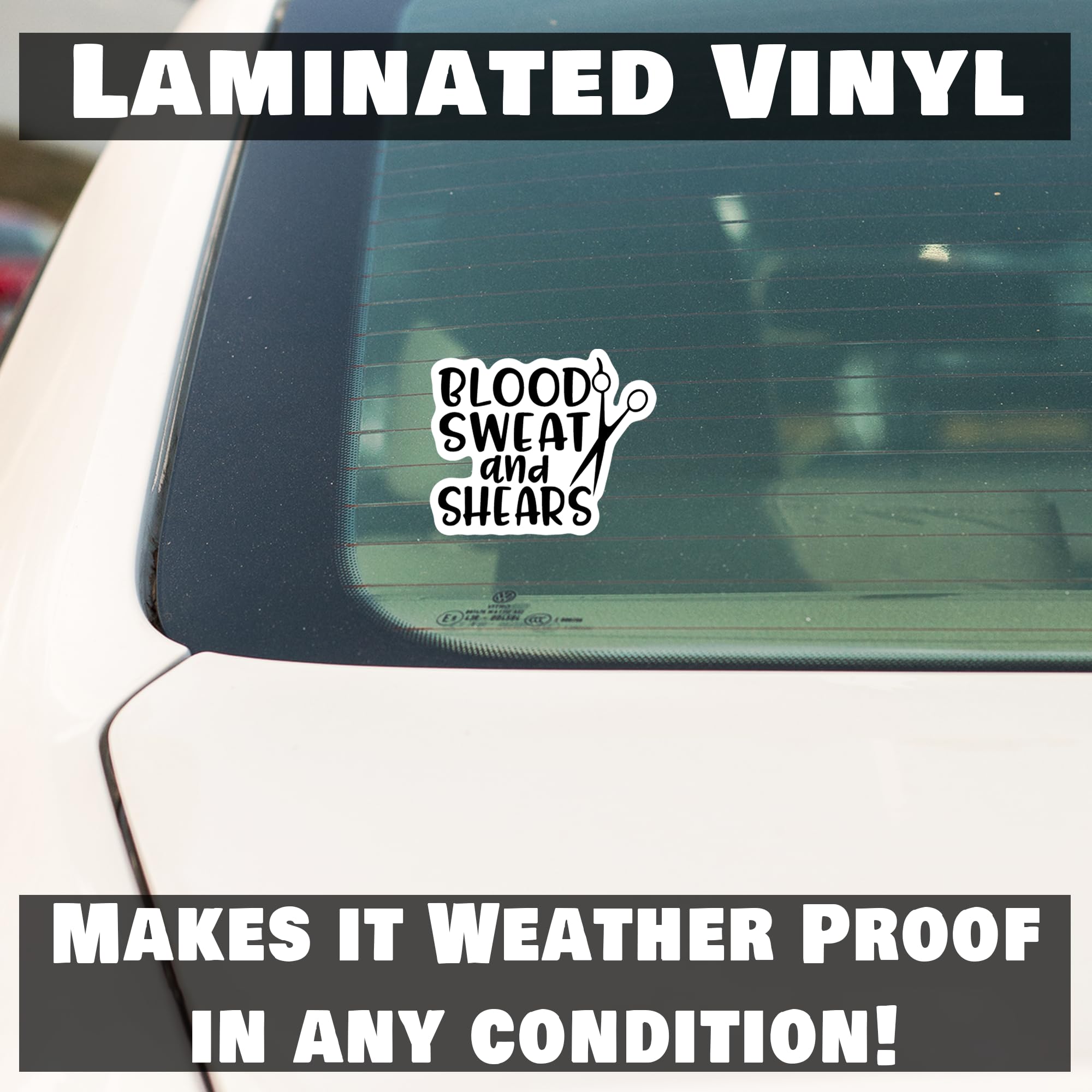 Blood Sweat and Shears Cosmetology UV Resistant Vinyl Decal Sticker - 5 Inch Black with White Background | Perfect for Cars, Trucks, Vans, SUVs, Walls, Cups & Laptops | Durable Outdoor & Indoor Decoration | KCD2675B