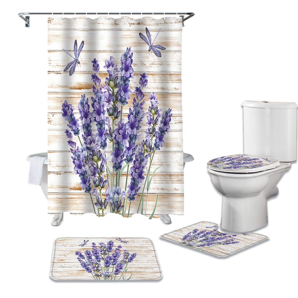 Purple Floral Shower Curtain Set with Non-Slip Mats - Bathroom Decor
