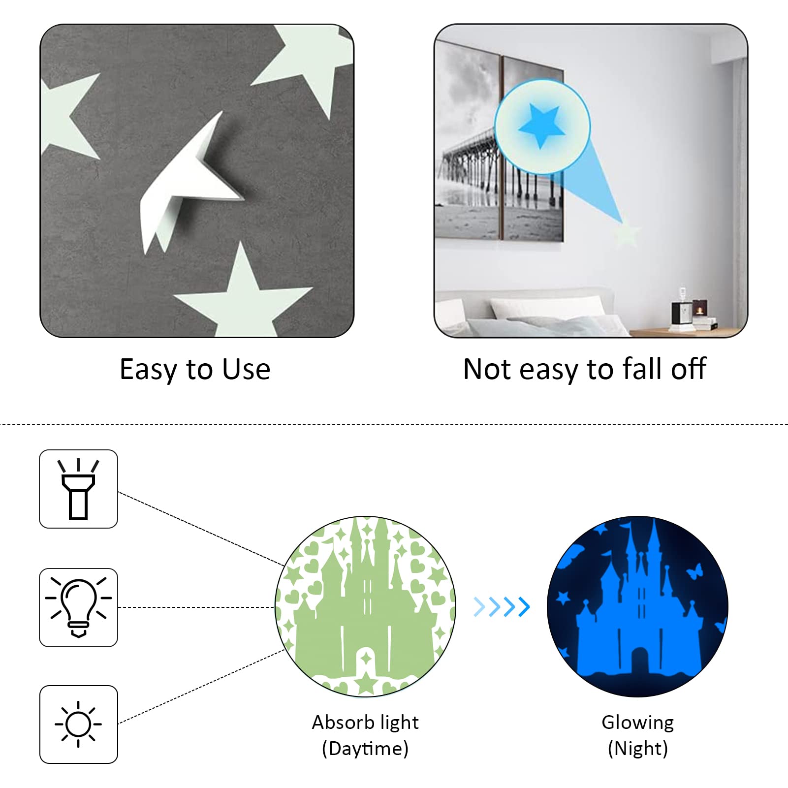 Glow in The Dark Star Wall Stickers - Self-Adhesive Nursery Decor for Girls, Fluorescent Wall Decals, Princess Castle Wall Art for Baby Room - Perfect for Bedroom, Kids Room & Playroom Decorations