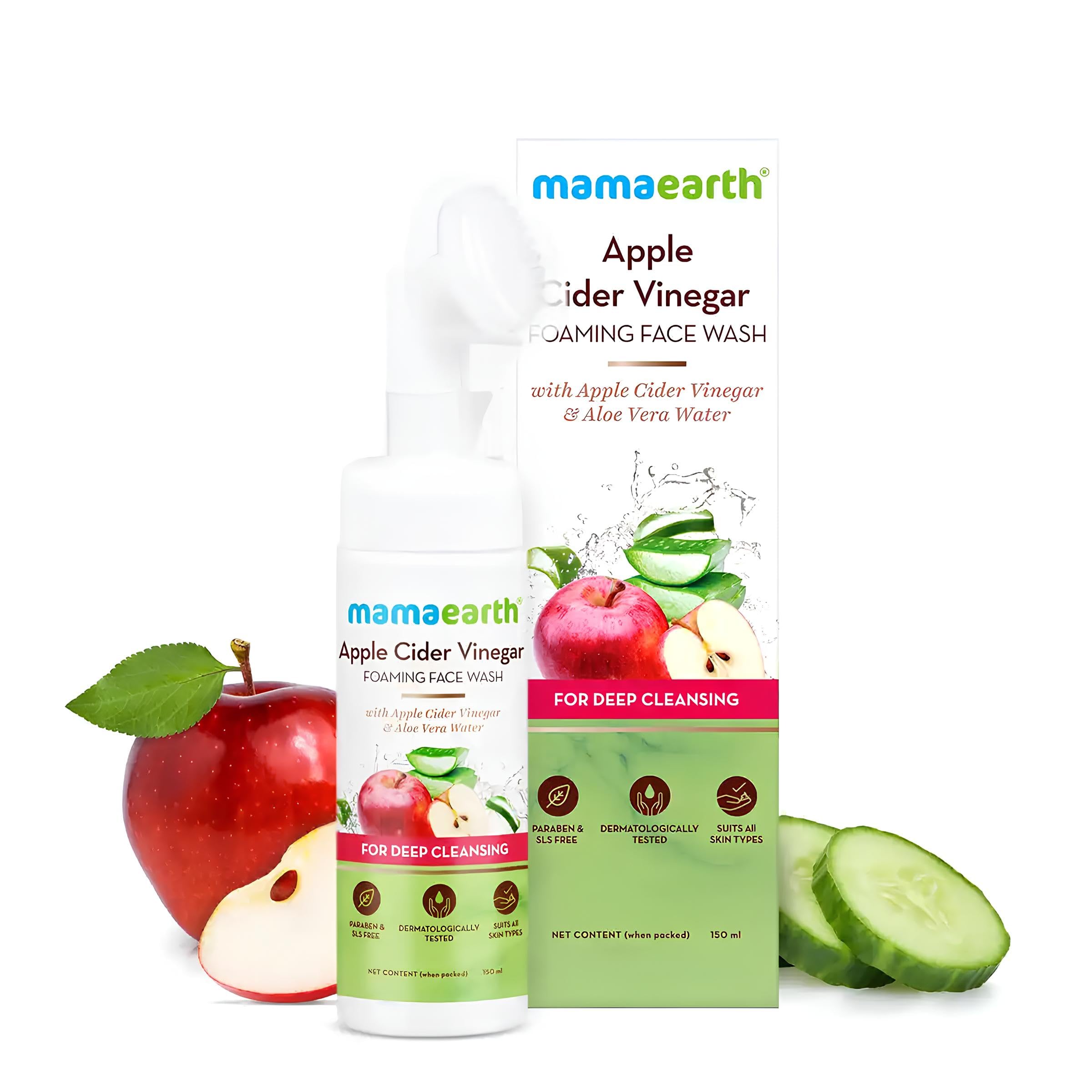 Mamaearth Apple Cider Vinegar Foaming Face Wash with Aloe Vera - Deep Cleansing Facial Cleanser with Brush for Acne, Blackheads & Oily Skin - 150ml | Gentle Daily Face Wash for Women & Men | Perfect for Morning & Night Skincare Routine
