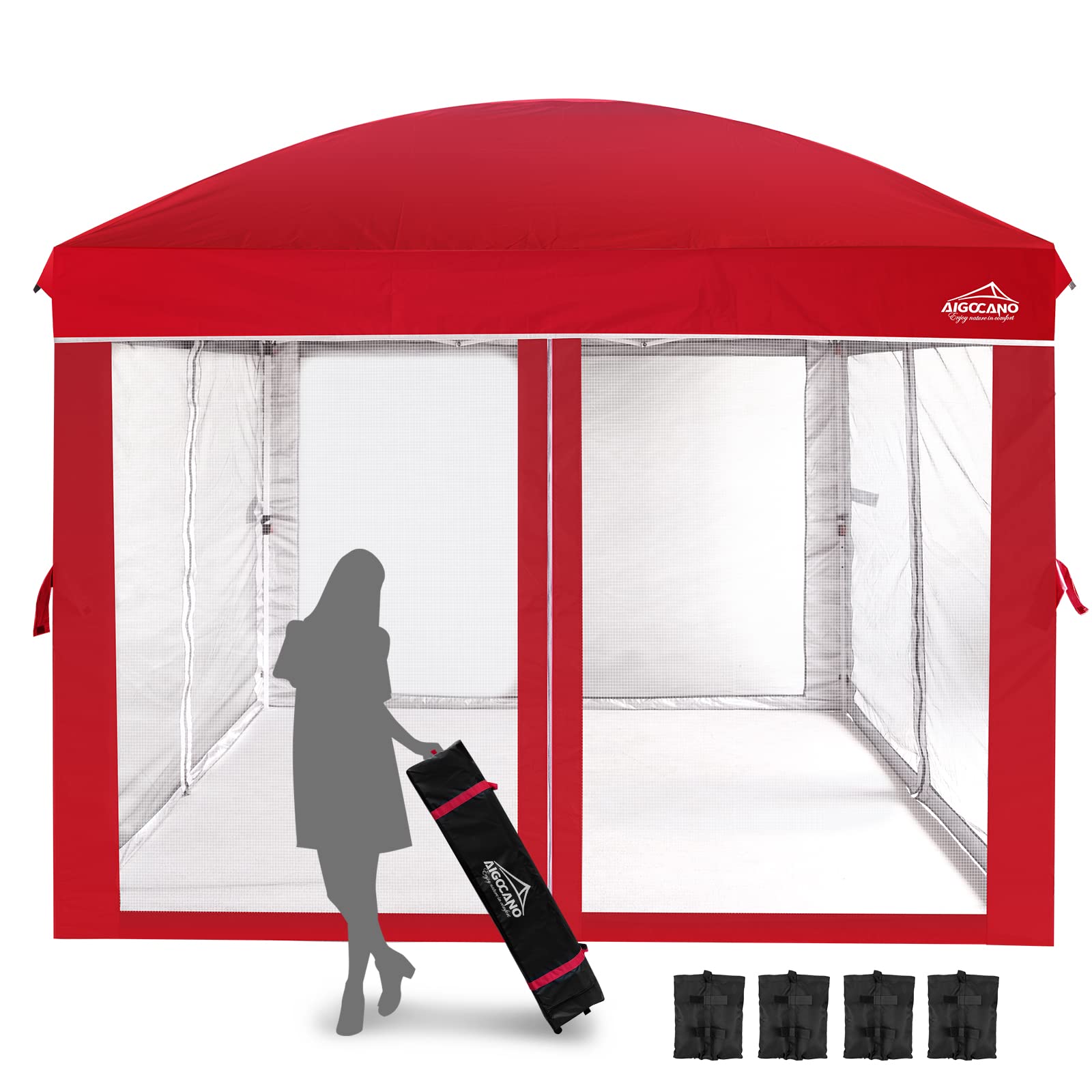 10x10 Pop Up Canopy Tent with Netting Screen - Easy Setup Outdoor Gazebo for Camping, Backyard Parties & Patio - Includes Foldable Design, Roller Bag & 4 Sandbags (Red) - Perfect for Beach Picnics, BBQ Gatherings & Tailgating Events