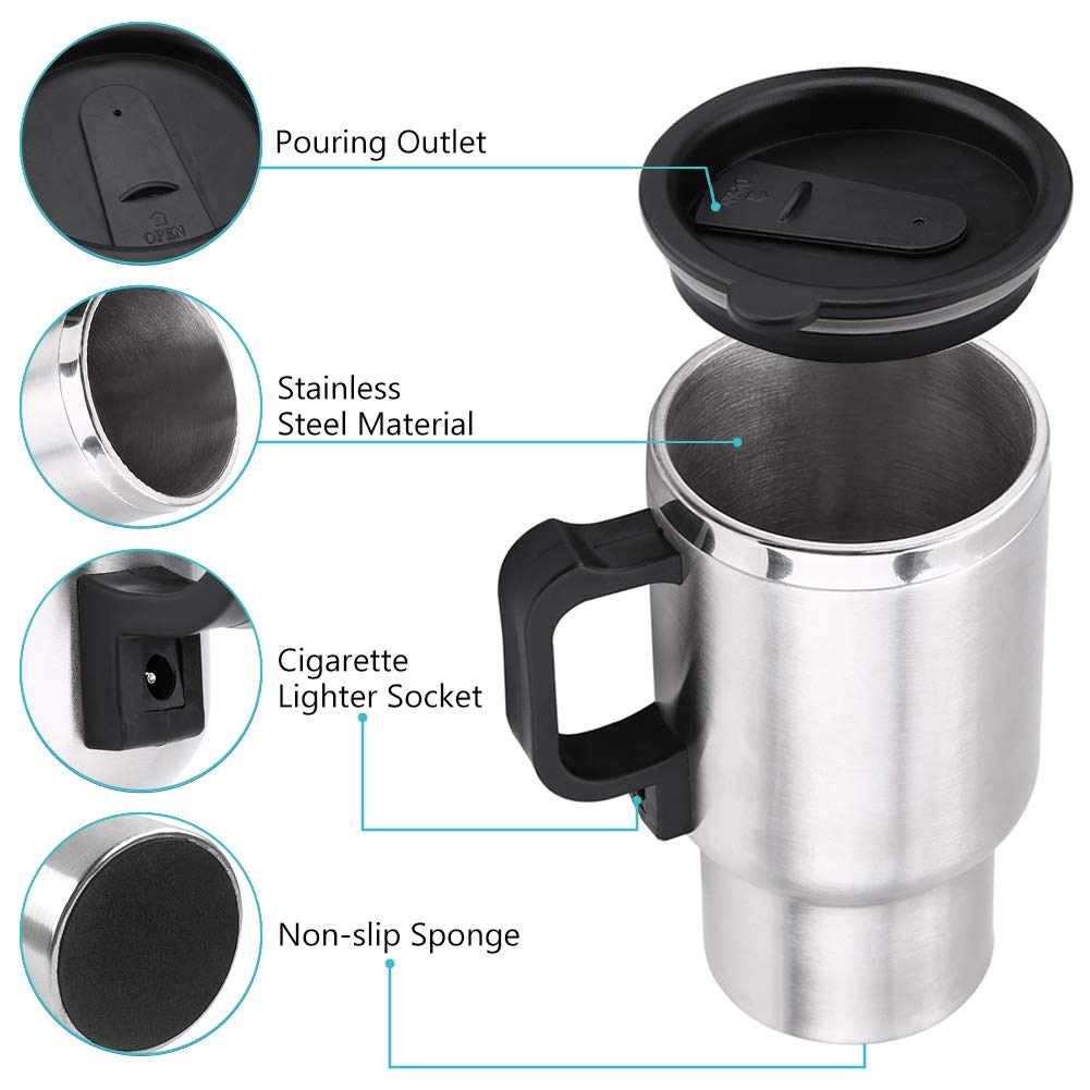 12V Stainless Steel Car Heating Cup - 450ml for Coffee, Tea & Travel