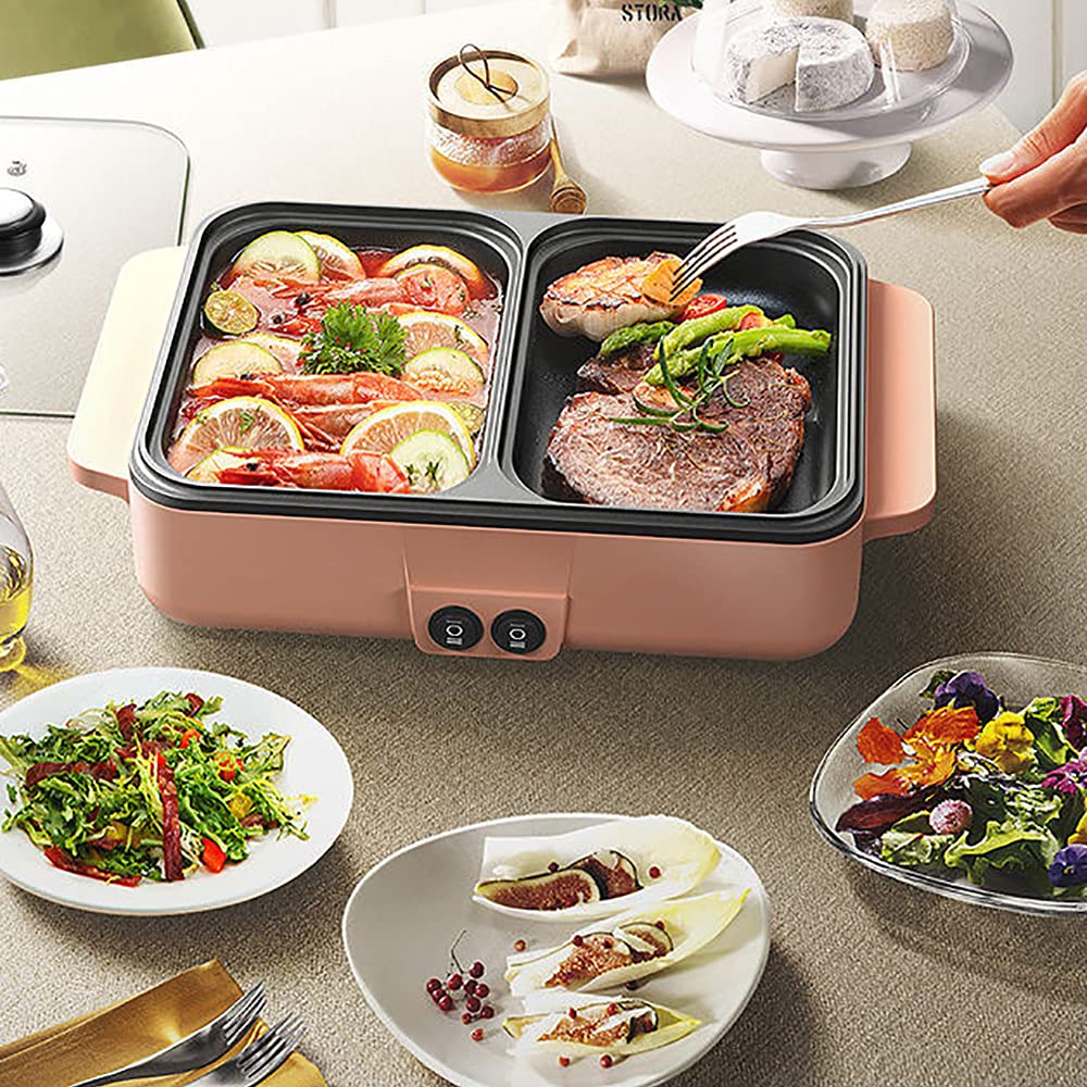 2-in-1 Electric Grill and Hot Pot - Smokeless Indoor Griddle with Adjustable Temperature, 1200W Portable Non-Stick Teppanyaki Pan - Perfect for Family BBQ, Hot Pot Parties, Camping & Home Cooking (Pink)