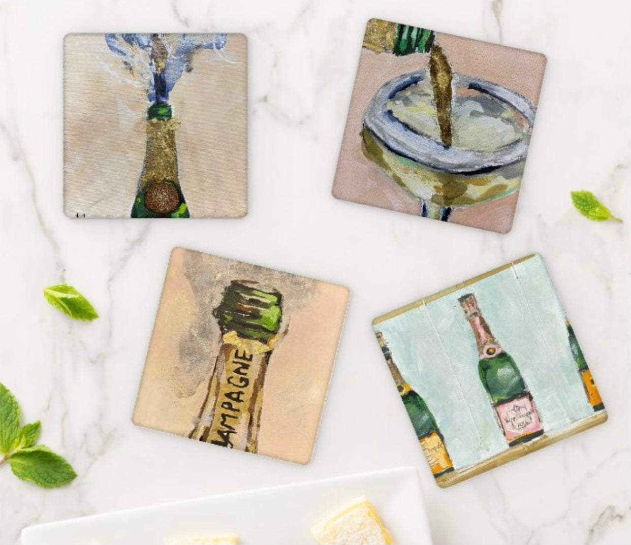 Elegant Champagne Acrylic Coasters with Holder - Set of 4 for Wine & Cocktail Parties - Modern Bar Accessories by Ali Leja Art