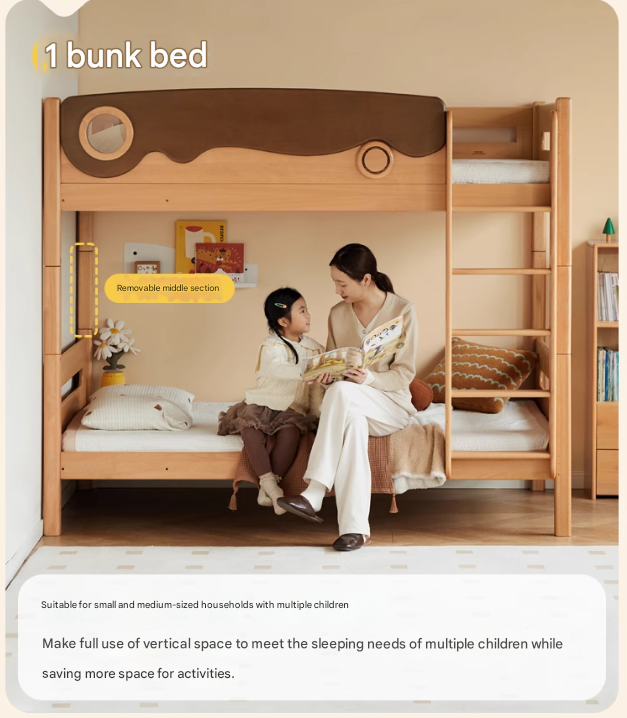 Solid Beech Wood Bunk Bed with Guardrails - Sturdy & Safe for Kids' Bedroom, Dormitory, or Guest Room