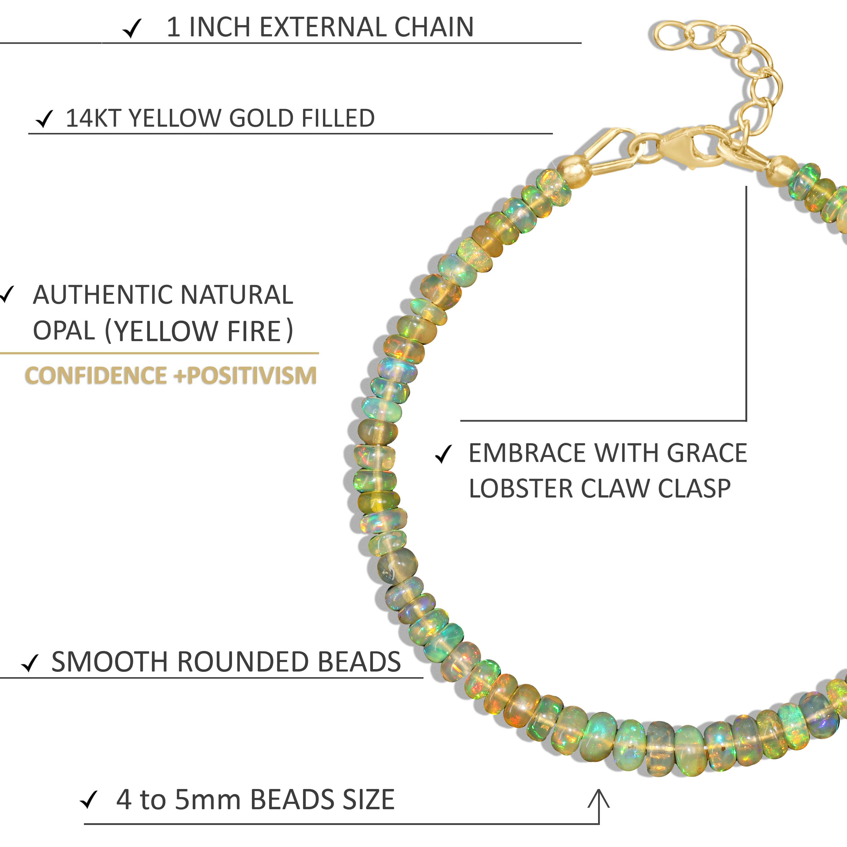 Natural Yellow Opal 4-5mm Plain Beaded Handmade Bracelet - Boho Chic Jewelry for Women, Gift for Her, Yoga & Meditation Accessory