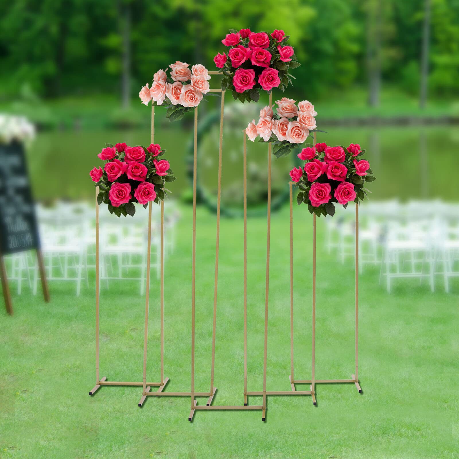 5Pcs Gold Metal Vase Stands for Flower Arrangement - Square Column Display Stand with Stable Base for Outdoor Garden Party, Wedding Centerpieces, Celemony Decorations - Multi-Height Design for Balloon Backdrops & Home Decor
