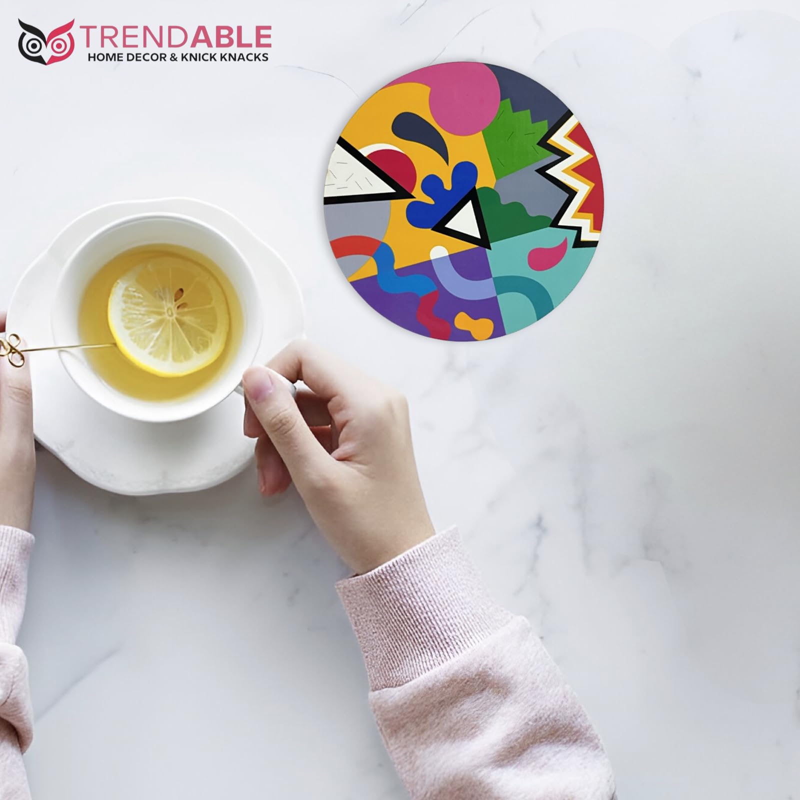 Trendy Set of 4 Wooden Tea Coasters with Colorful Abstract Art Print - 4.3 Inch Round Absorbent Coasters for Coffee Mugs & Tea Cups - Handmade in India - Perfect for Home, Office, and Gift Giving