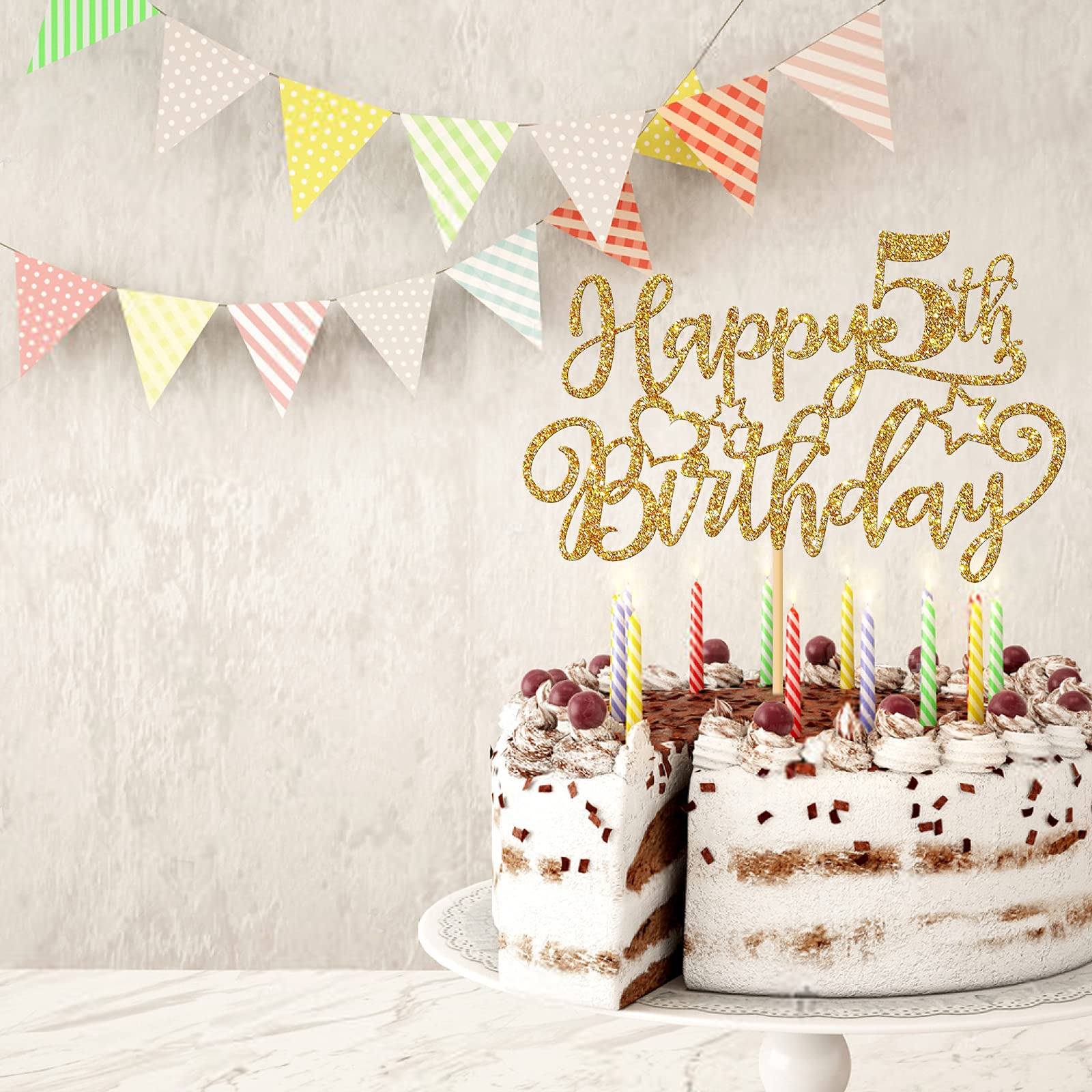 Happy 5th Birthday Cake Topper - Gold Glitter 'Five Years Old' Decorations for Boys & Girls - Perfect for Kids Birthday Parties, Cake Decorations & Celebrations