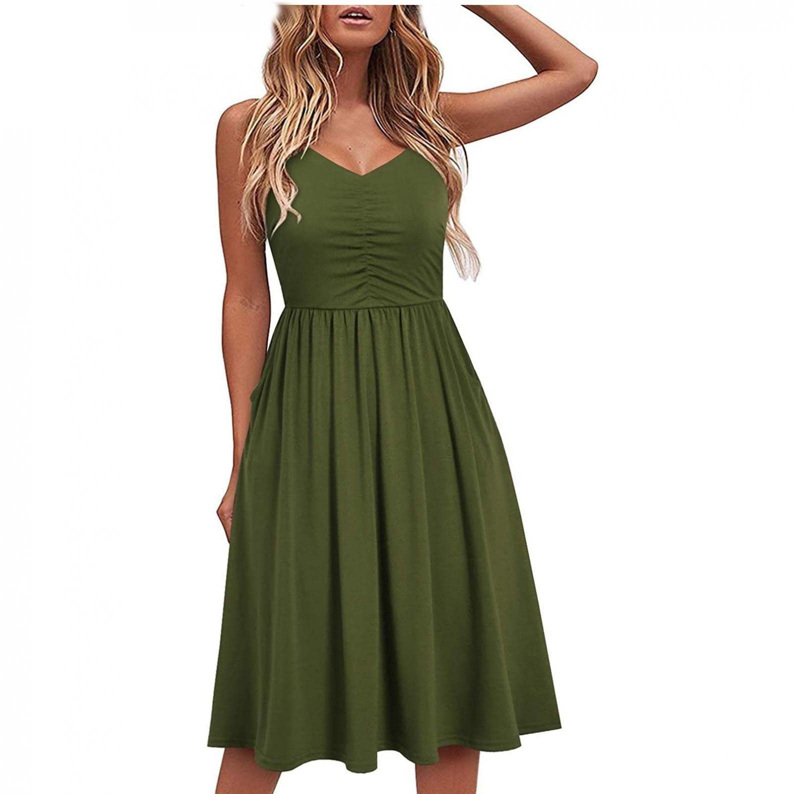 Women's Summer Dresses Casual Sleeveless Spaghetti Strap Adjustable V-Neck A-Line Sun Dress - Cute Beach Cover Up with Pockets for Vacation, Pool Party & Outdoor Date Night