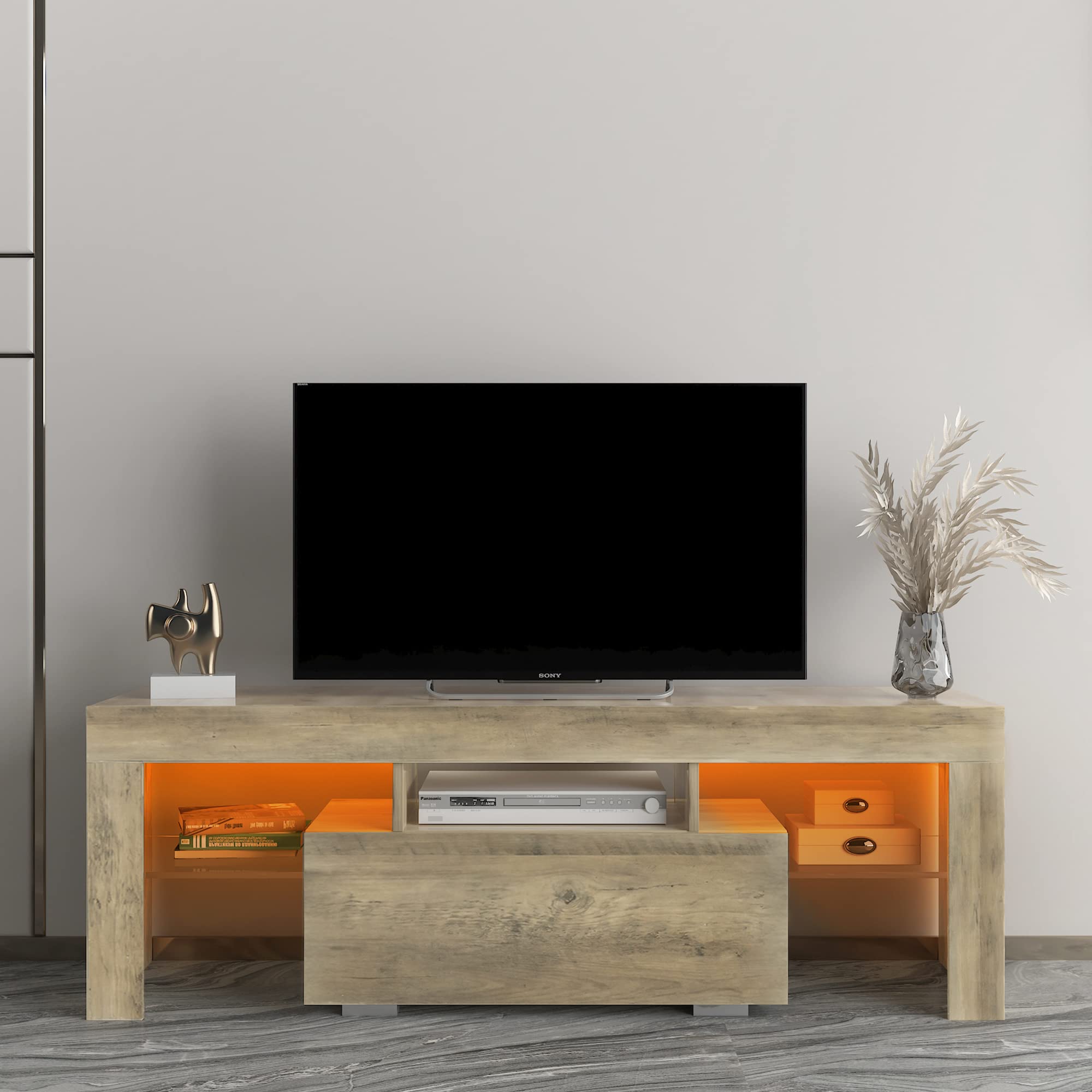 HGPZ TV Stand with LED RGB Lights - Modern Flat Screen TV Cabinet for Gaming Consoles, Living Room, Bedroom & Lounge - Rustic Oak Finish - Perfect for Home Entertainment & Gaming Setup