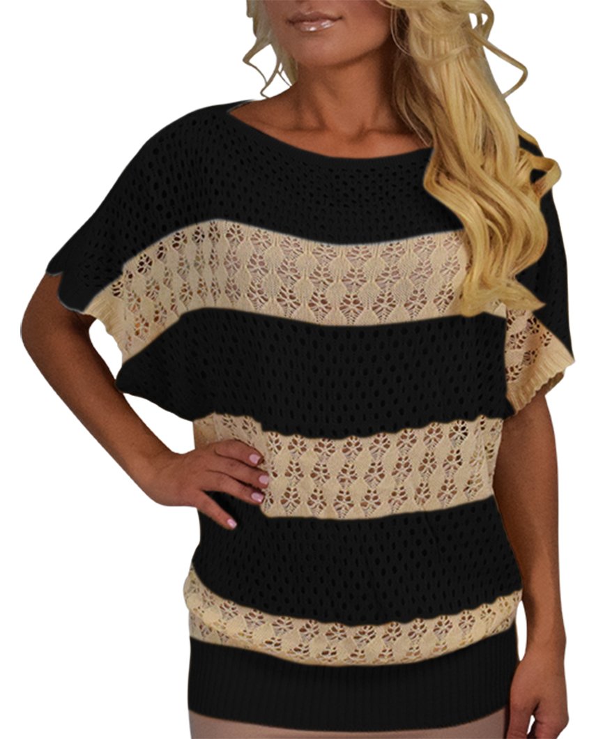 Vintage Bohemian Crochet Striped Top for Women - Boho Chic Summer Blouse - Perfect for Beach, Music Festivals & Casual Outings