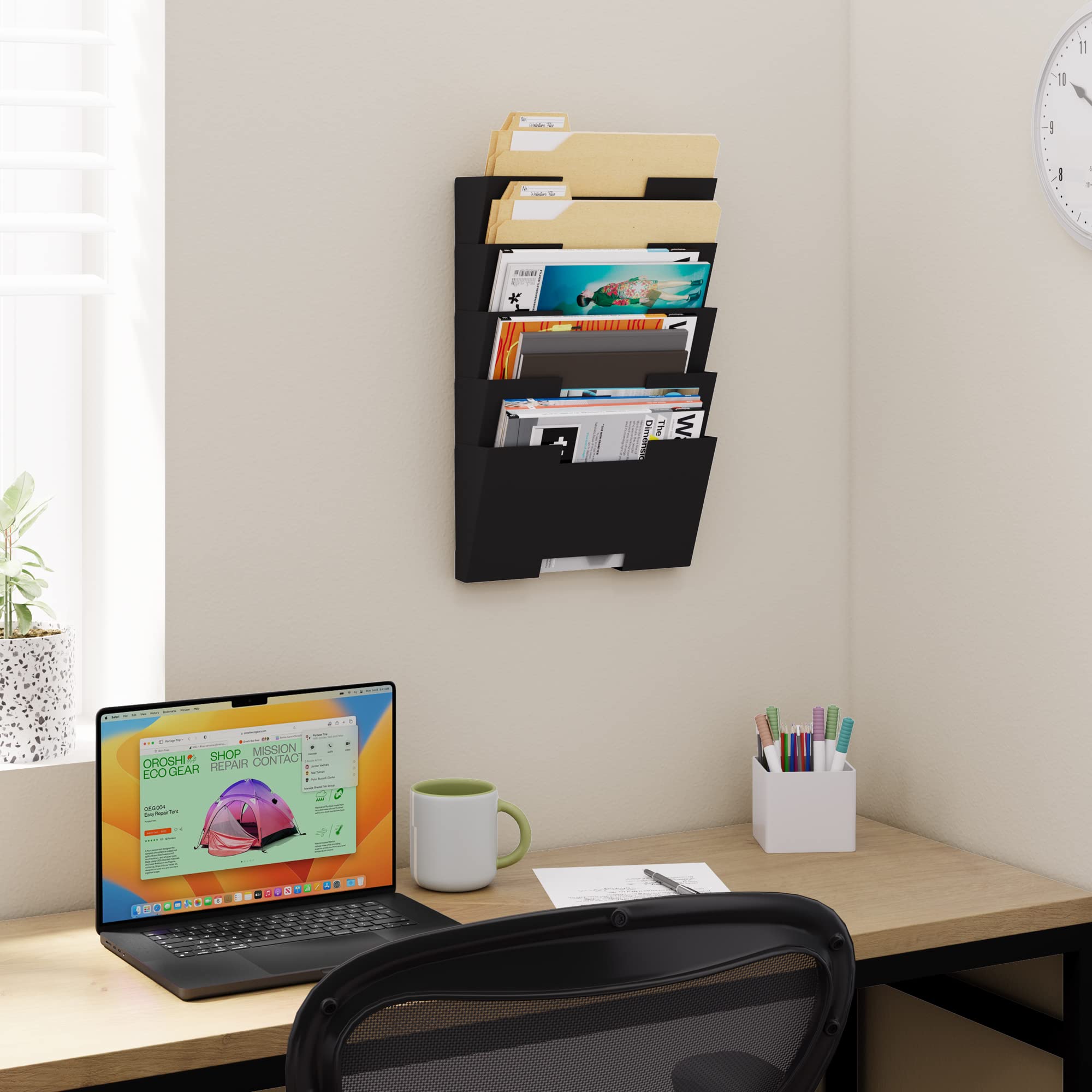 Wallniture Lisbon 5-Tier Metal Wall Mounted File Organizer - Office Storage Rack for Files, Magazines & Documents - Space-Saving Wall Mount Holder - Black Home & Office Decor - Perfect for Small Spaces, Home Offices & Workstations