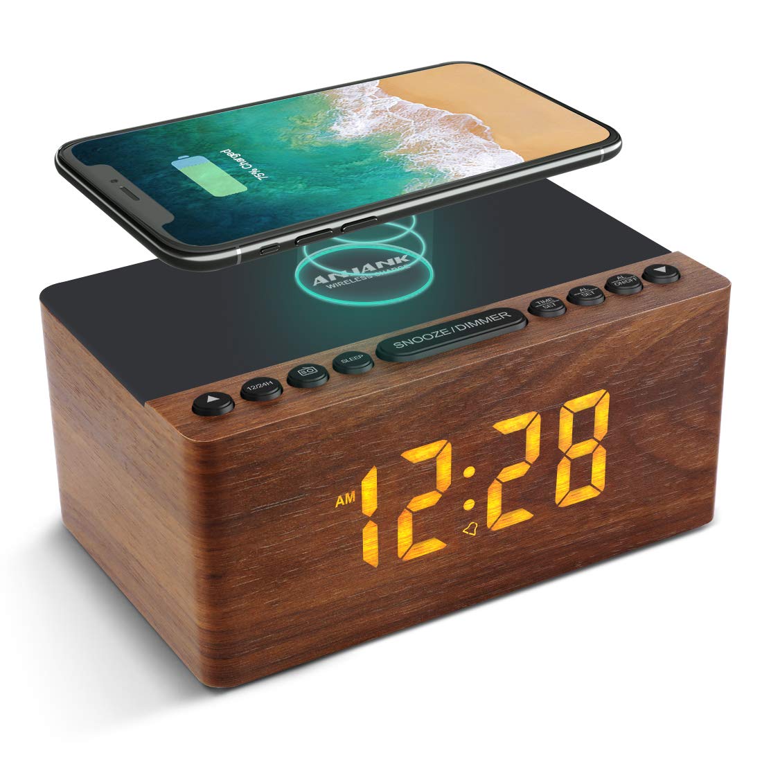ANJANK Digital LED Alarm Clock with FM Radio & Wireless Charger - 5-Level Dimmer, USB Port, Dual Alarm Sounds, Sleep Timer - Compatible with iPhone & Samsung Galaxy - Perfect for Bedroom, Bedside, Desk (Wood Finish)