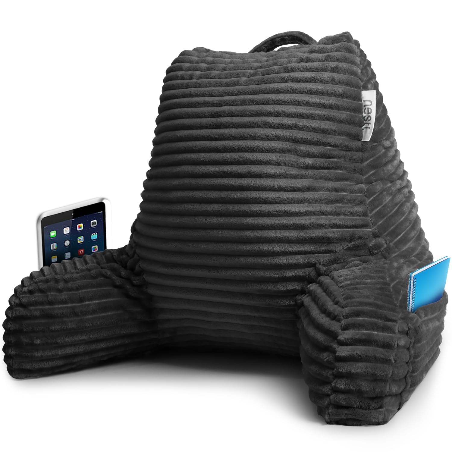 Nestl Reading Pillow for Adults - Plush Back Support Pillow with Shredded Memory Foam, Armrests & Pockets - Perfect for Sitting Up in Bed, Reading, Watching TV, or Relaxing - Grey Bed Rest Pillow