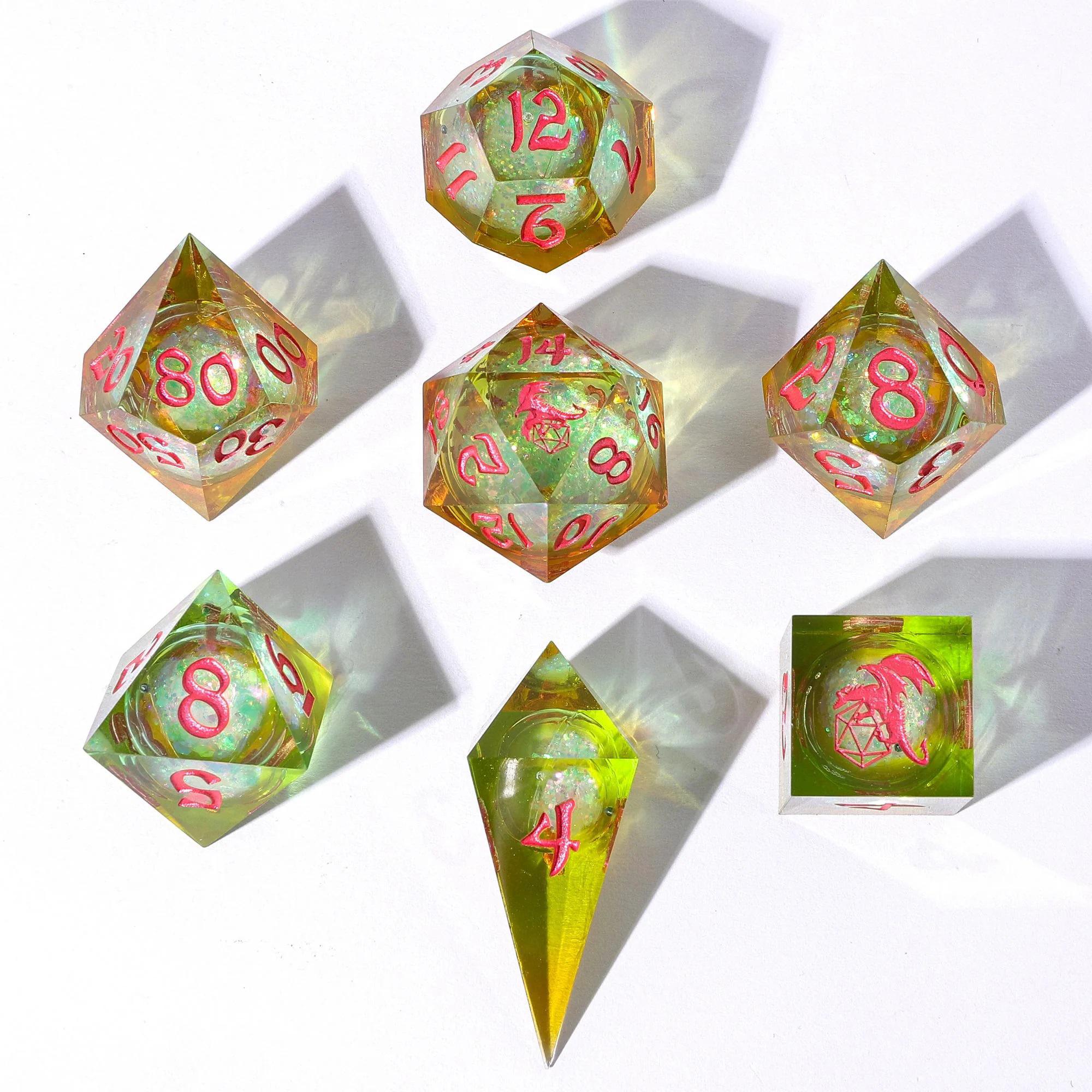 Mystic Meadow Liquid Core 7-Dice RPG Set - Glowing Resin Dice for D&D, Pathfinder & Tabletop Games - Perfect for Fantasy Roleplaying & Gift Giving
