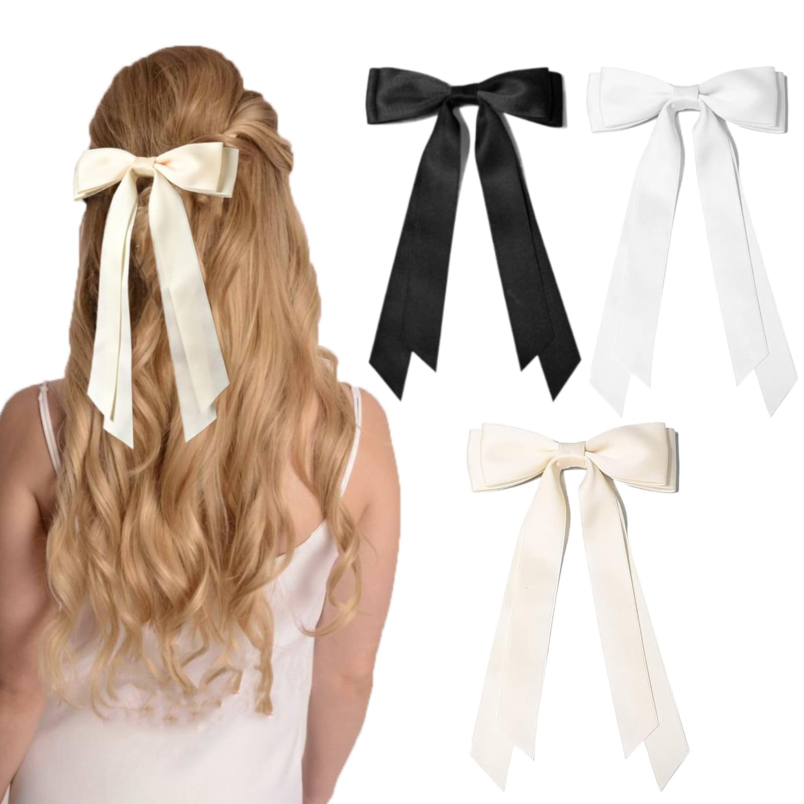 3PCS Elegant Hair Bows Clips for Women & Girls - White, Black & Beige French Barrette Ponytail Ribbon Hair Accessories | Perfect for Weddings, Parties & Daily Styling