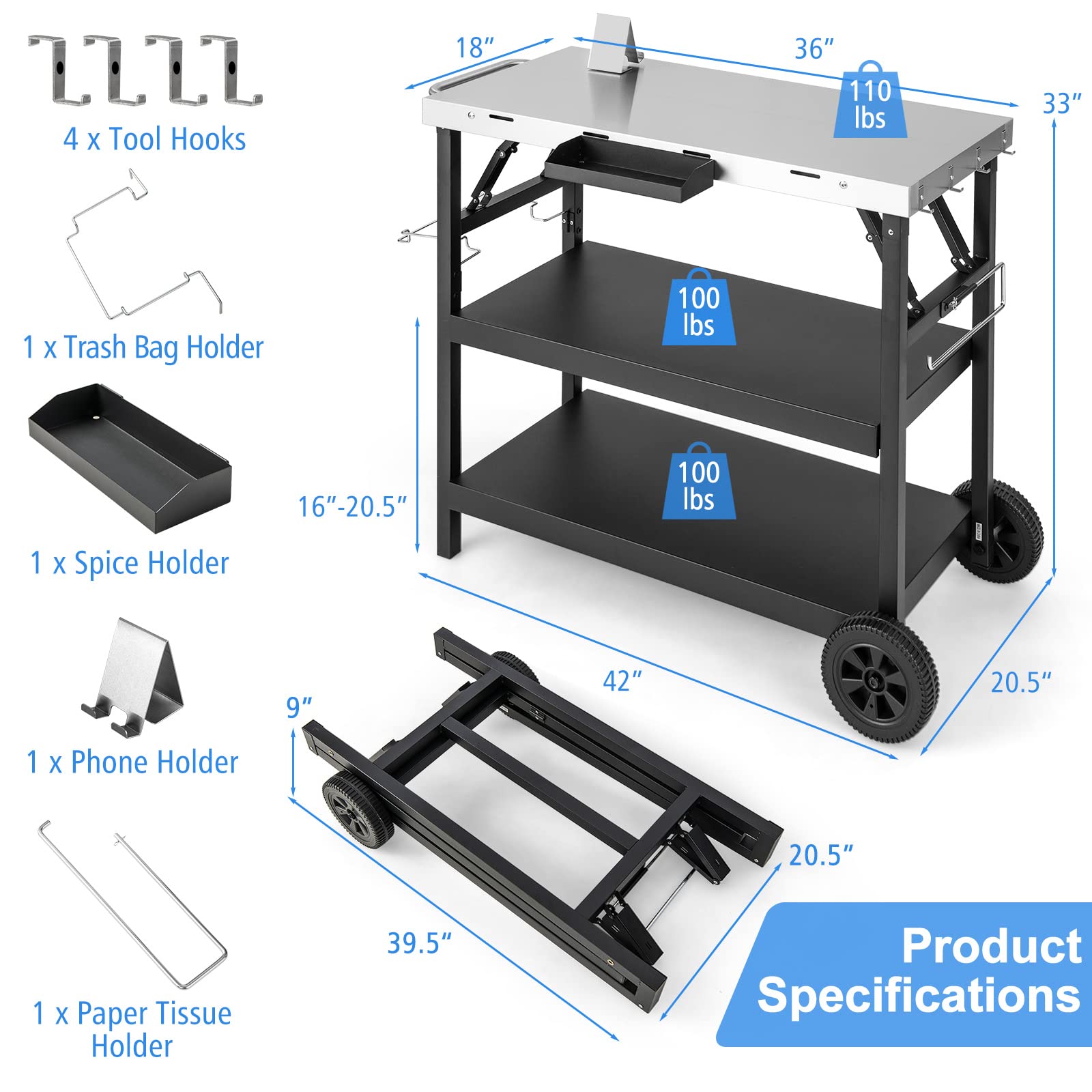 Foldable Outdoor Grill Cart with Stainless Steel Tabletop & Wheels - Portable BBQ Pizza Oven Stand, Movable Food Prep Table for Backyard, Patio, Camping & Tailgating | Perfect for Outdoor Cooking, Dining & Entertaining