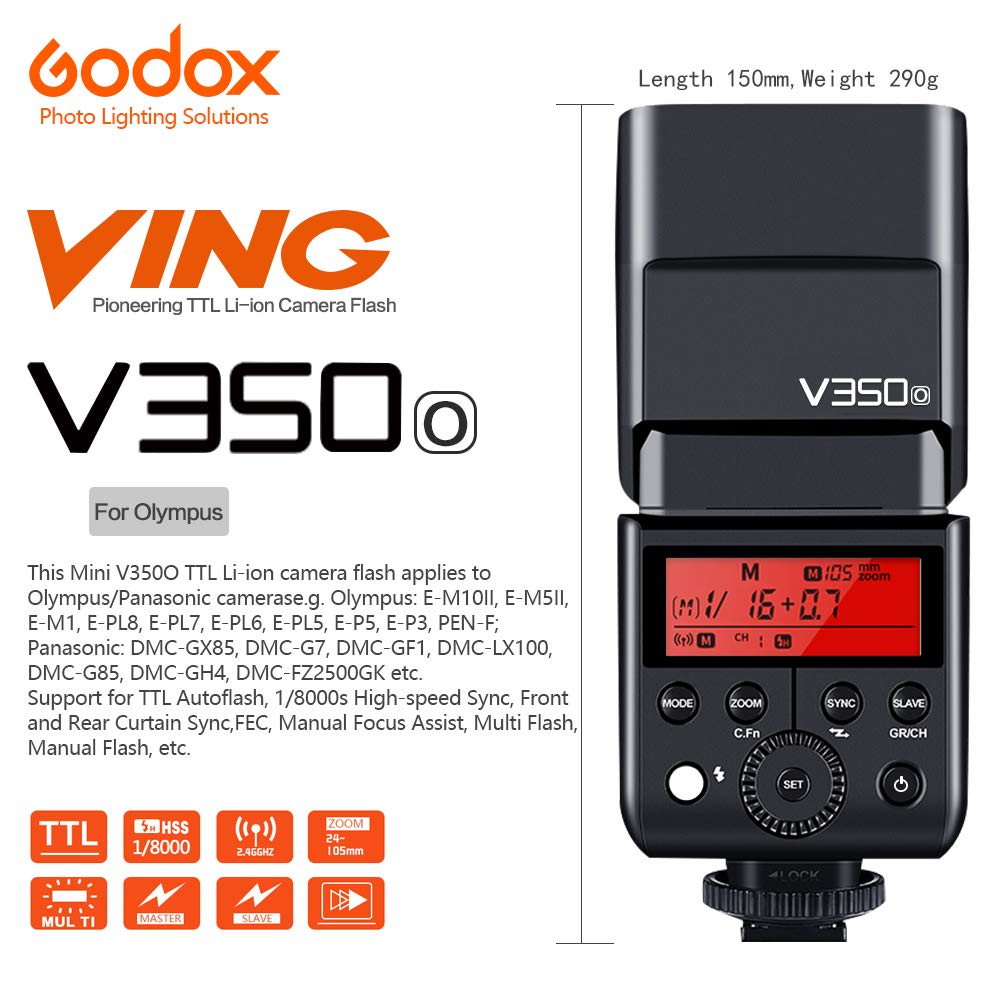 Godox V350O TTL Camera Flash - High-Speed Sync 1/8000s Speedlight with Built-in 2000mAh Rechargeable Battery for Olympus & Panasonic Lumix Cameras - Perfect for Wedding, Portrait & Event Photography (V350-O)