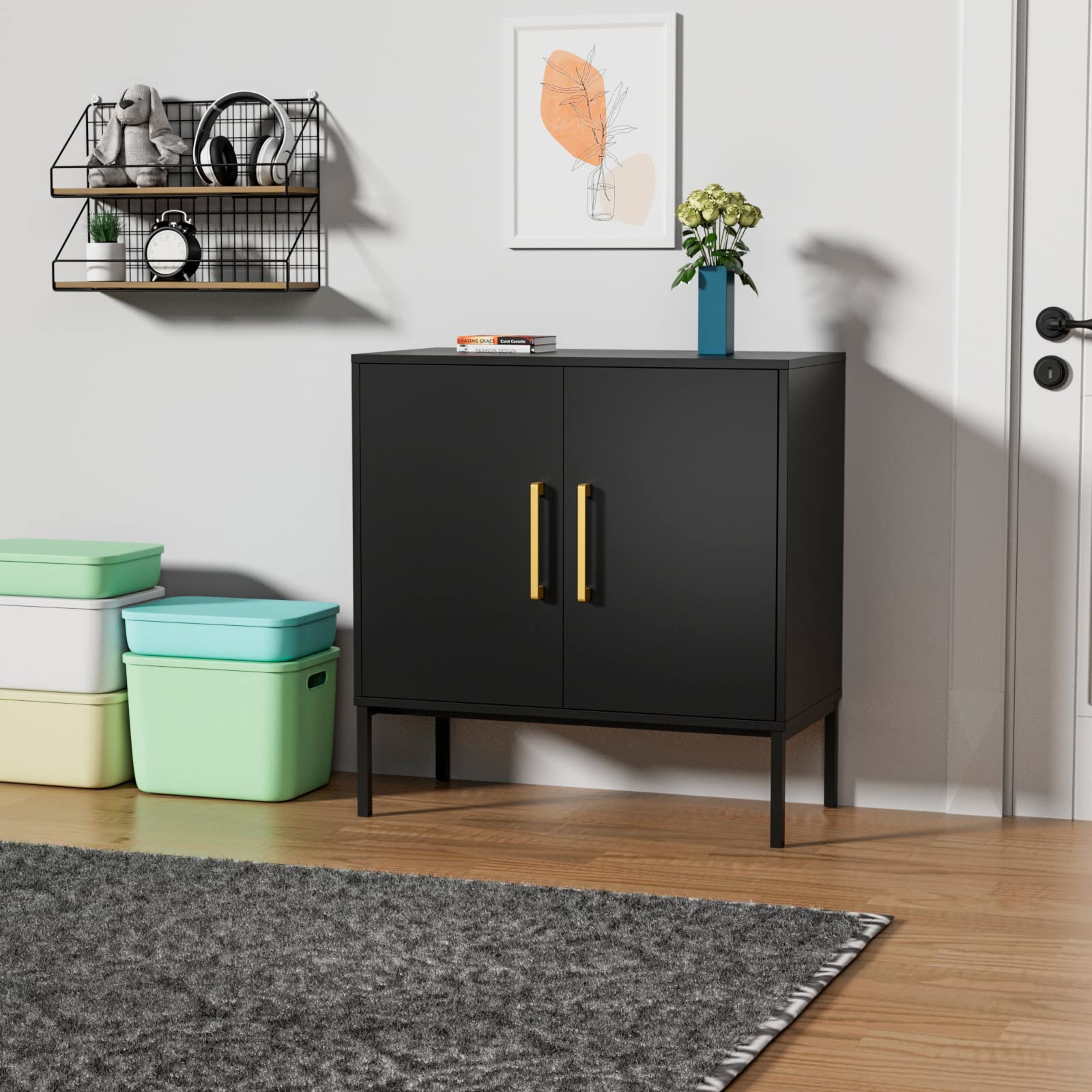 CARPETNAL 2-Piece Accent Storage Cabinet Set with Doors & Adjustable Shelves - Freestanding Buffet Sideboard for Living Room, Dining Room, Kitchen, Hallway - Modern Home Organization Furniture (Black) | Perfect for Displaying Decor, Storing Dishes & Creating Extra Counter Space